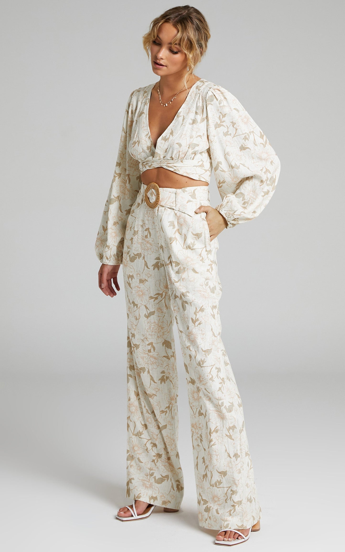 Amalie The Label - Clarette Linen Cotton Belted High Rise Wide Leg Pant in Pink Linear Floral