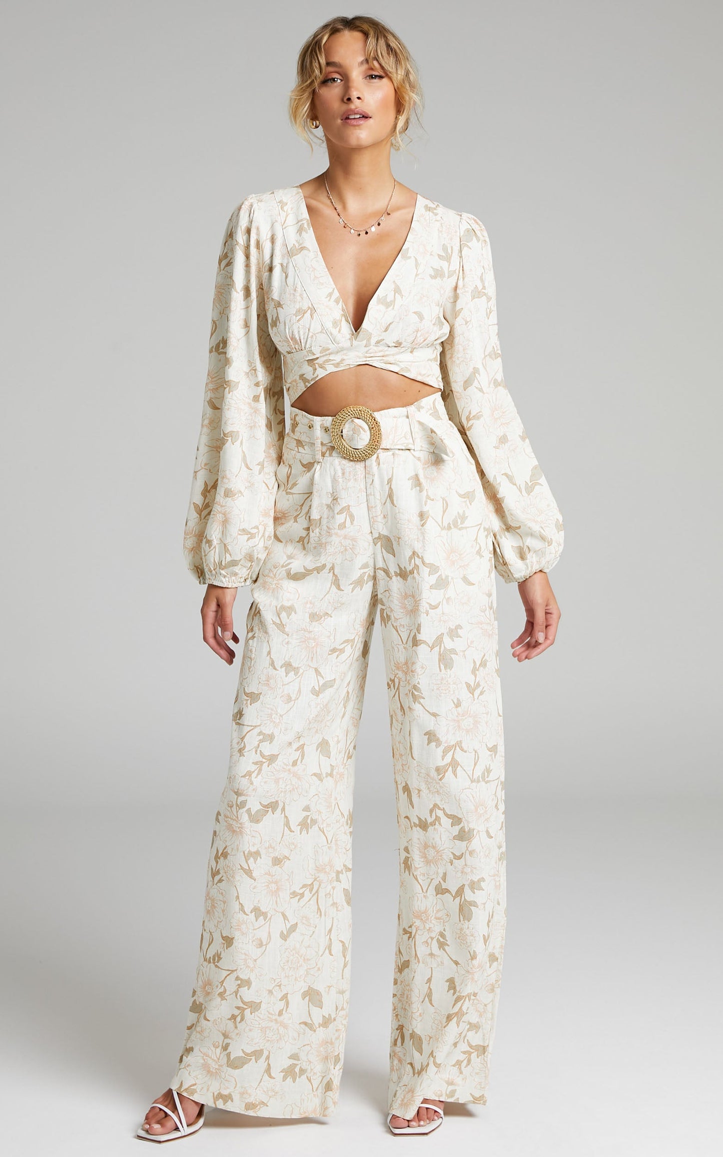Amalie The Label - Claudette Linen Blend Balloon Sleeve Plunge Neck Tie Wrap Crop Top in Pink Linear Floral