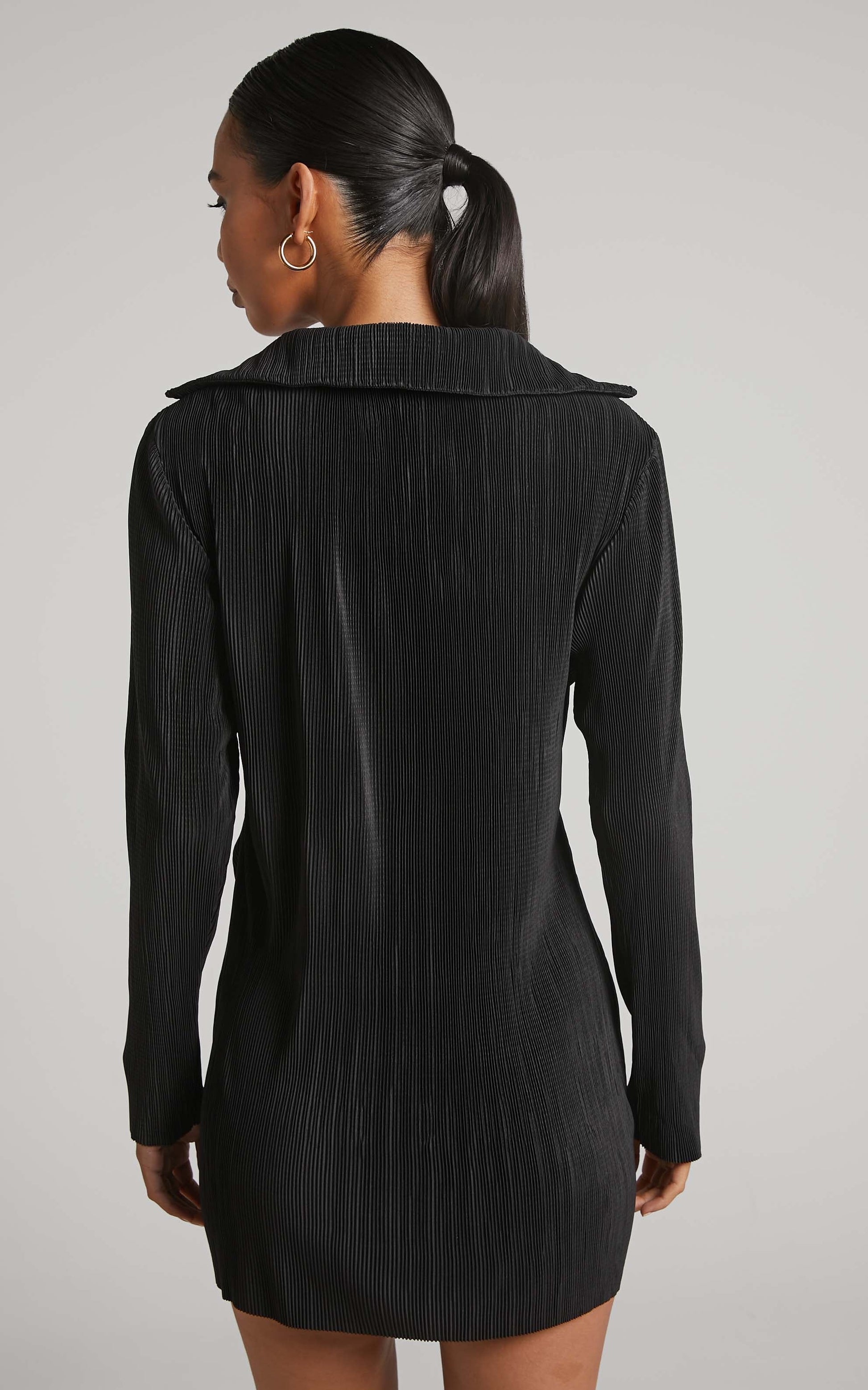 Amarante Mini Dress - Plisse Twist Front Shirt Dress in Black