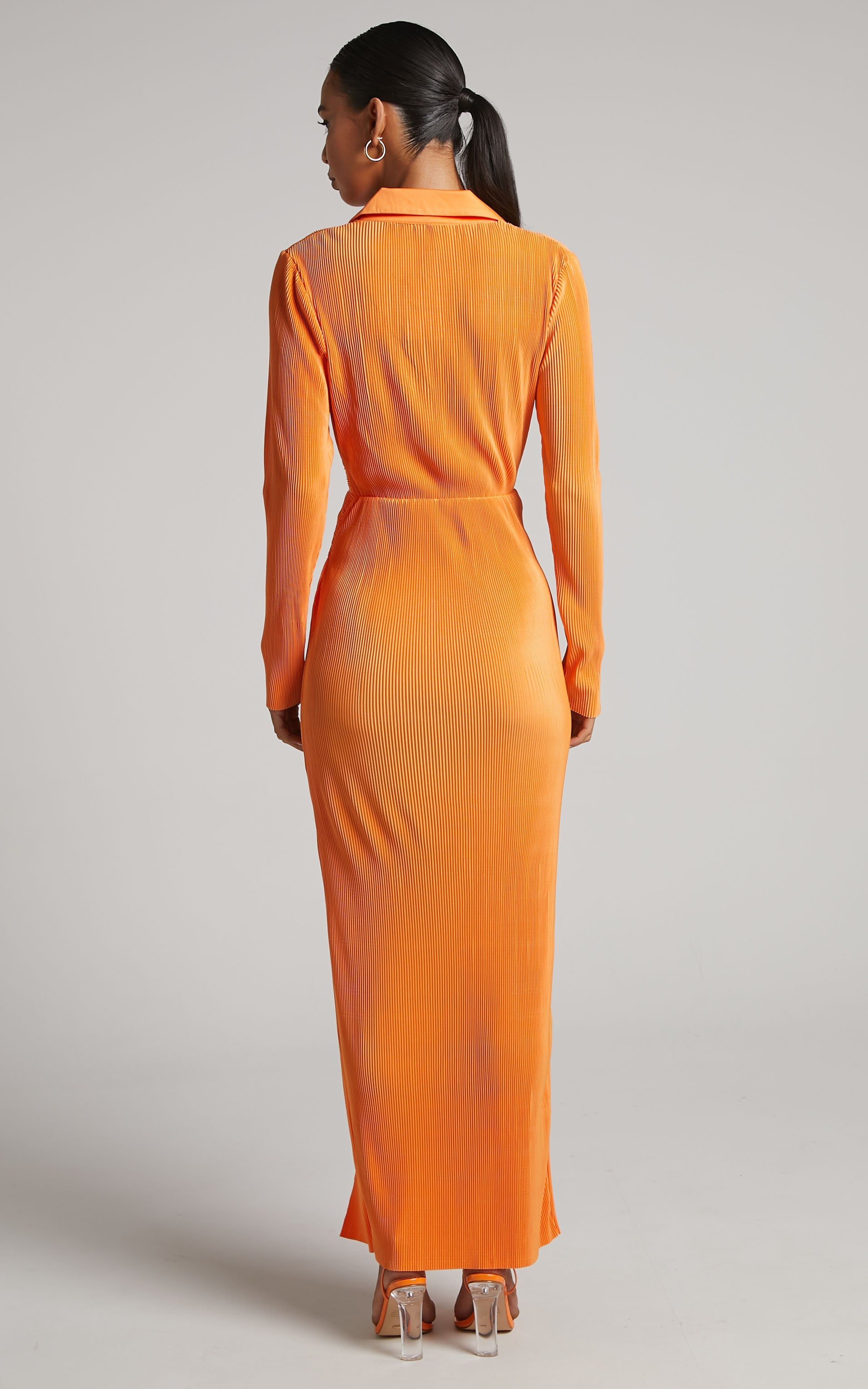 Amarante Maxi Dress - Plisse Twist Front Long Sleeve Shirt Dress in Orange
