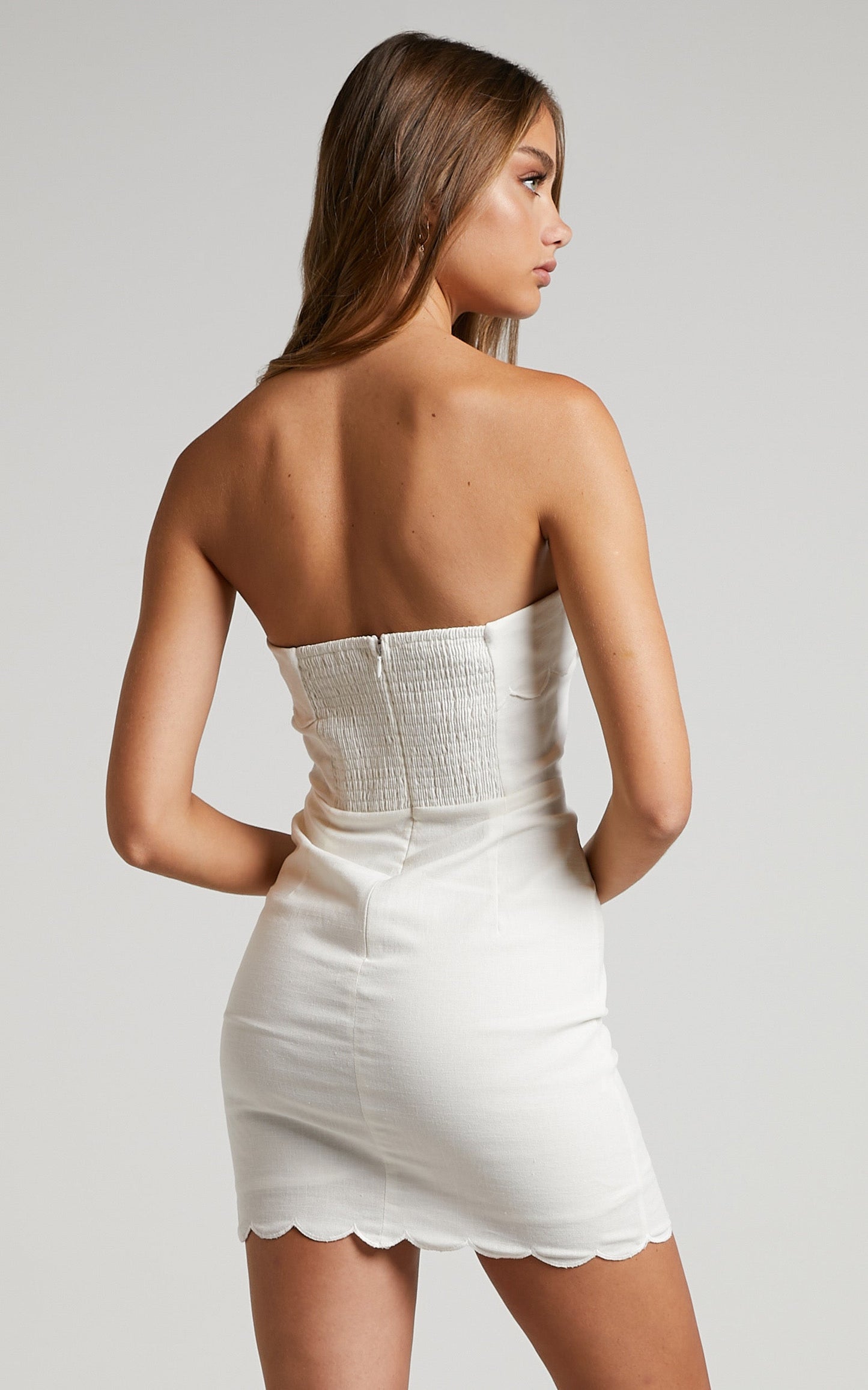 Annita Mini Linen Blend Dress - Scalloped Trim Strapless Dress in White