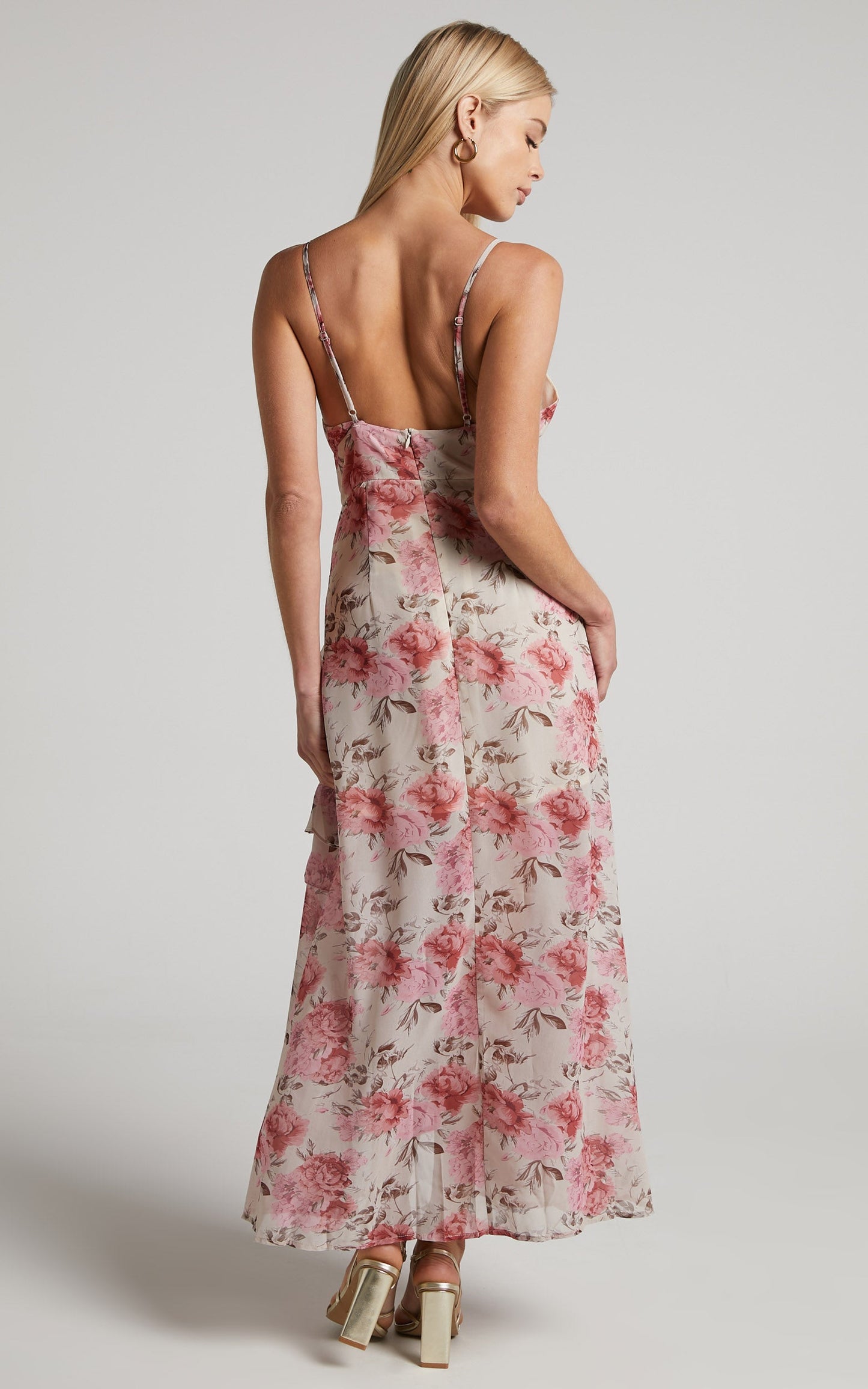 Caliope Maxi Dress - V Neck Tiered Ruffle Dress in Pink Floral