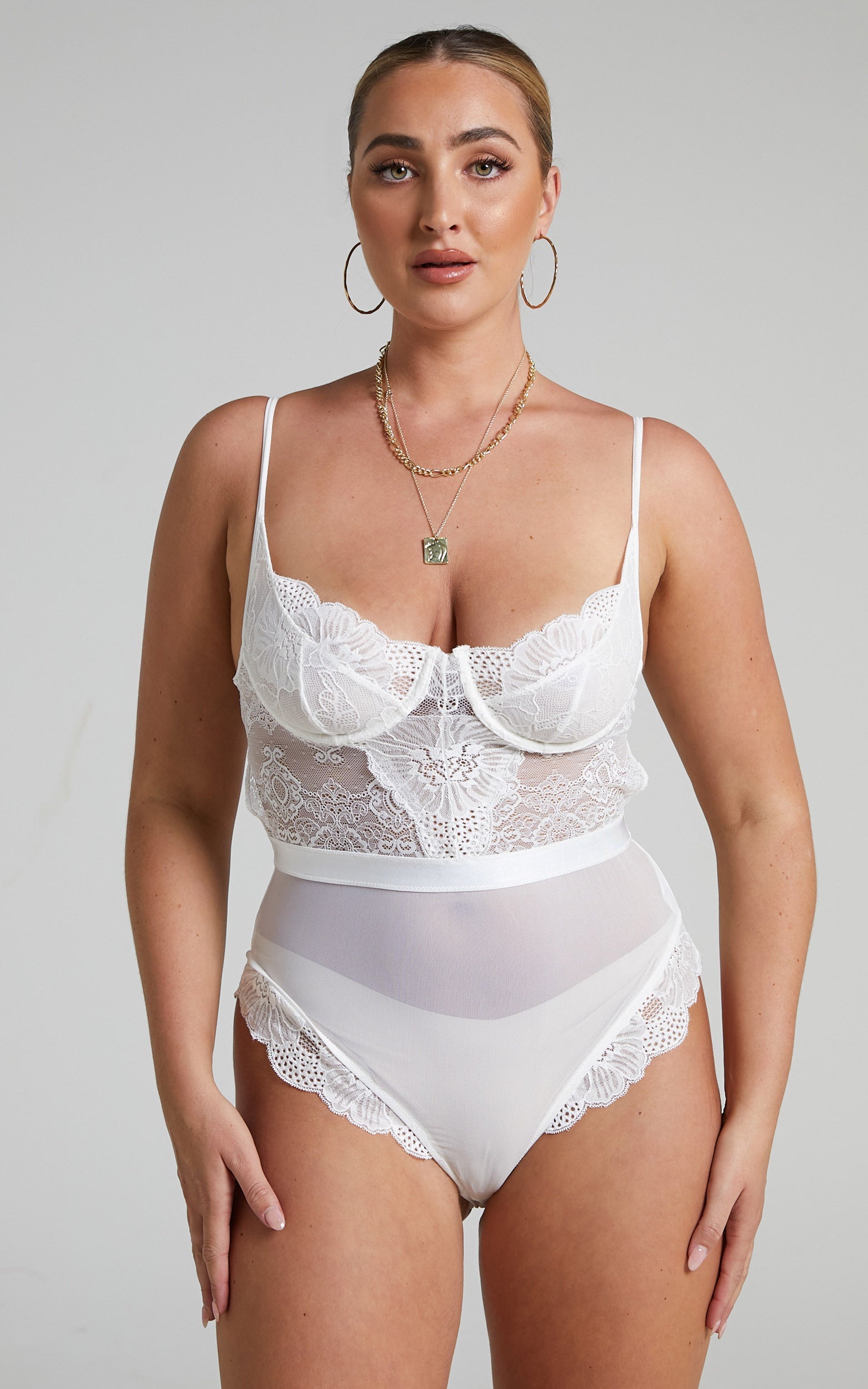 Tharamay Strappy Open Back Lace Bodysuit in White