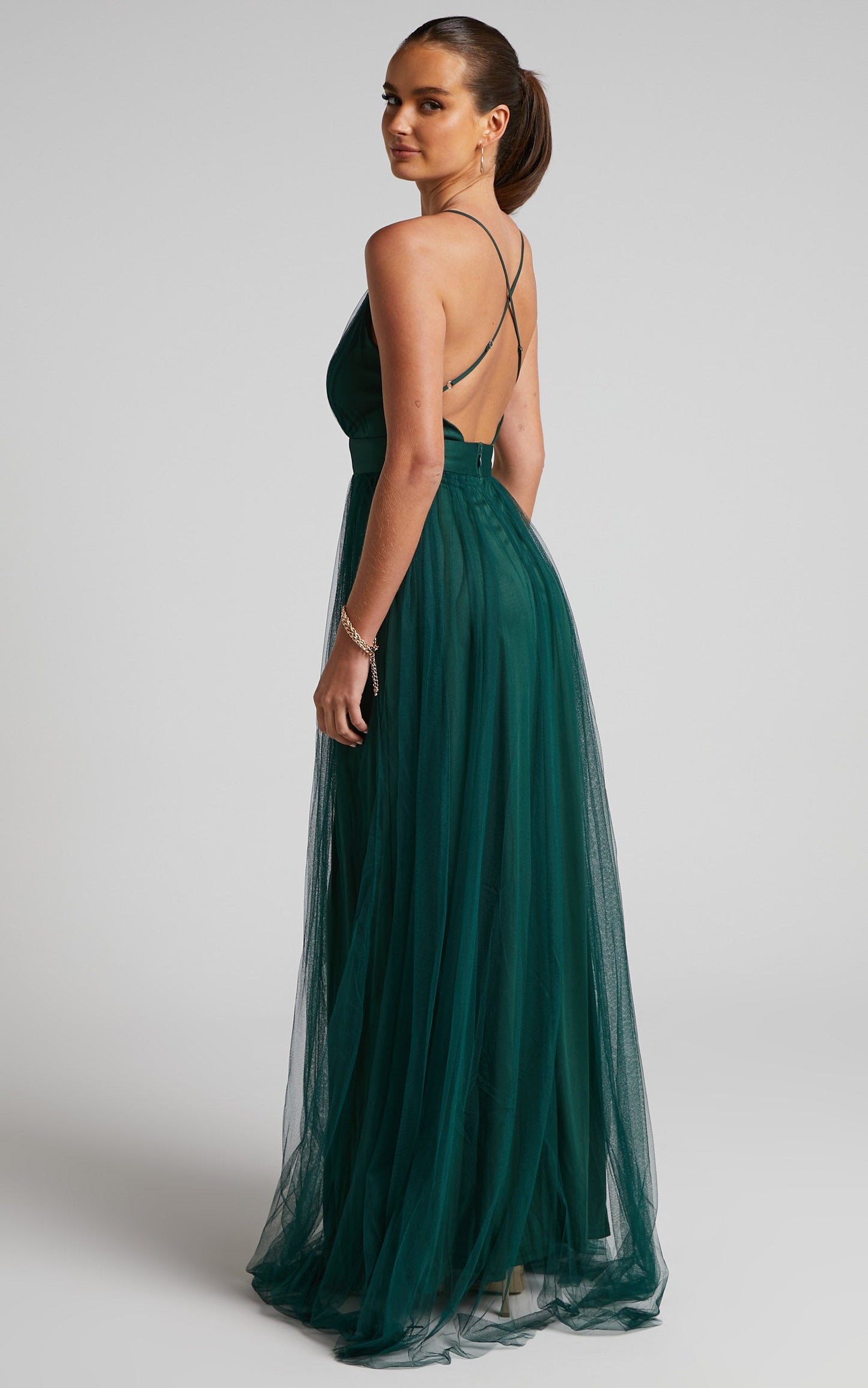 Celebrate Tonight Maxi Dress - Plunge Neck Tulle Dress in Hunter Green