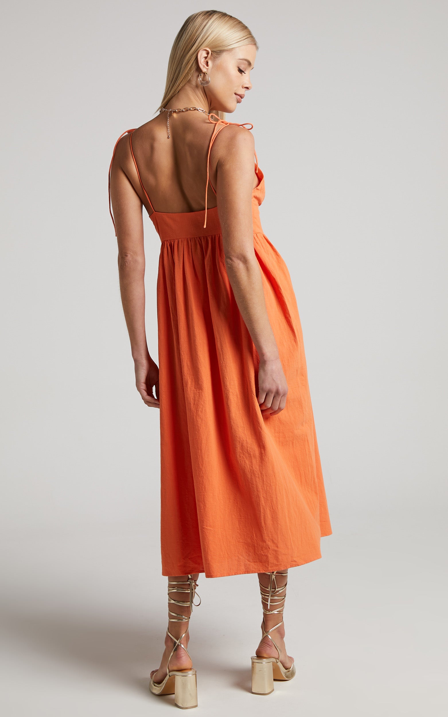 Chalmer Midi Dress - Tie Shoulder V Neck Button Up Dress in Orange
