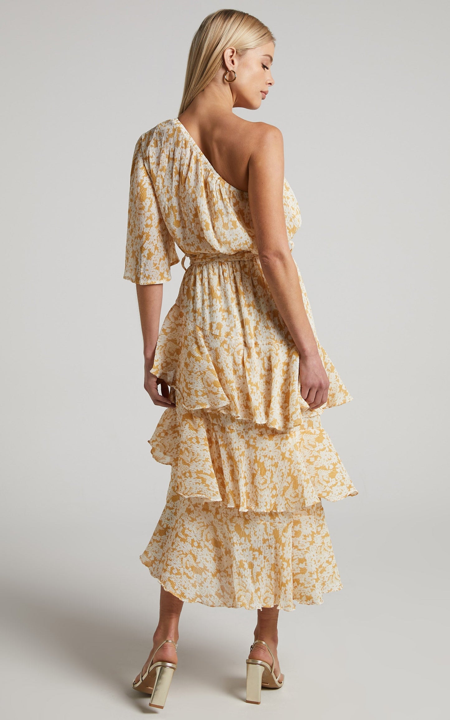 Charlise Midi Dress - Tiered One Shoulder Dress in Yellow Floral