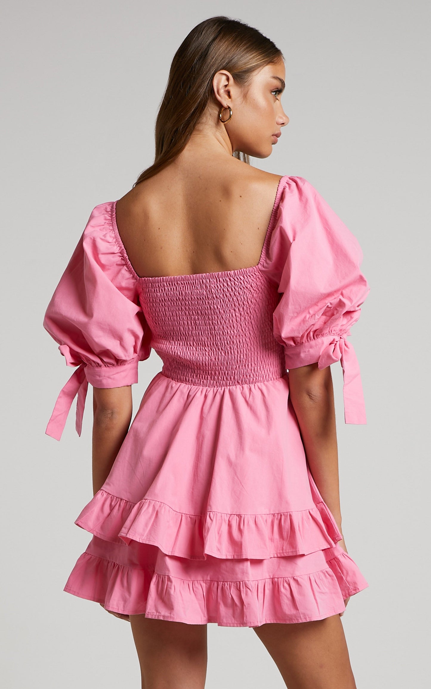 Chelle Mini Dress - Shirred Short Tie Sleeve Dress in Pink