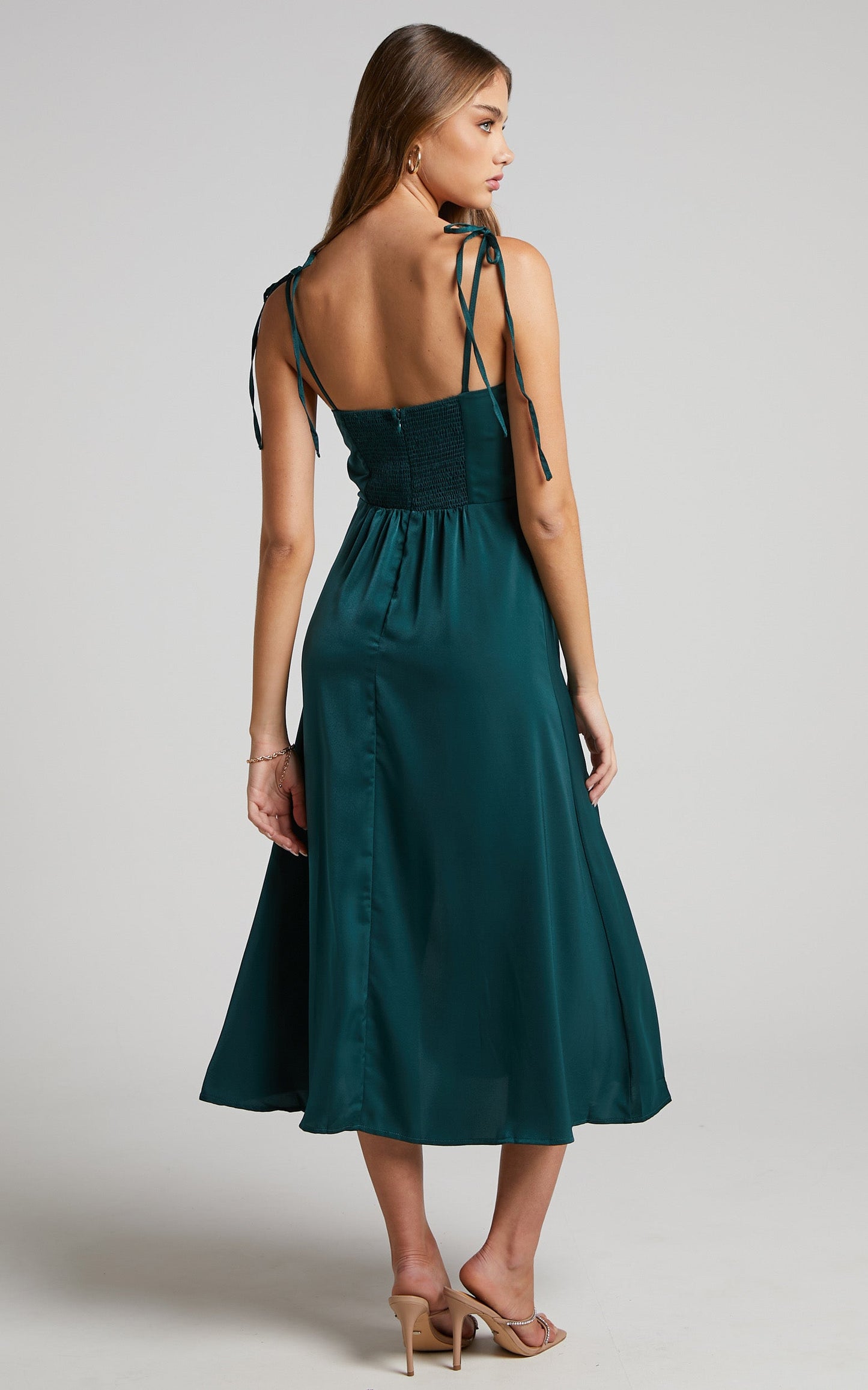 Ciello Midi Dress -  Tie Shoulder Sweetheart Dress in Emerald