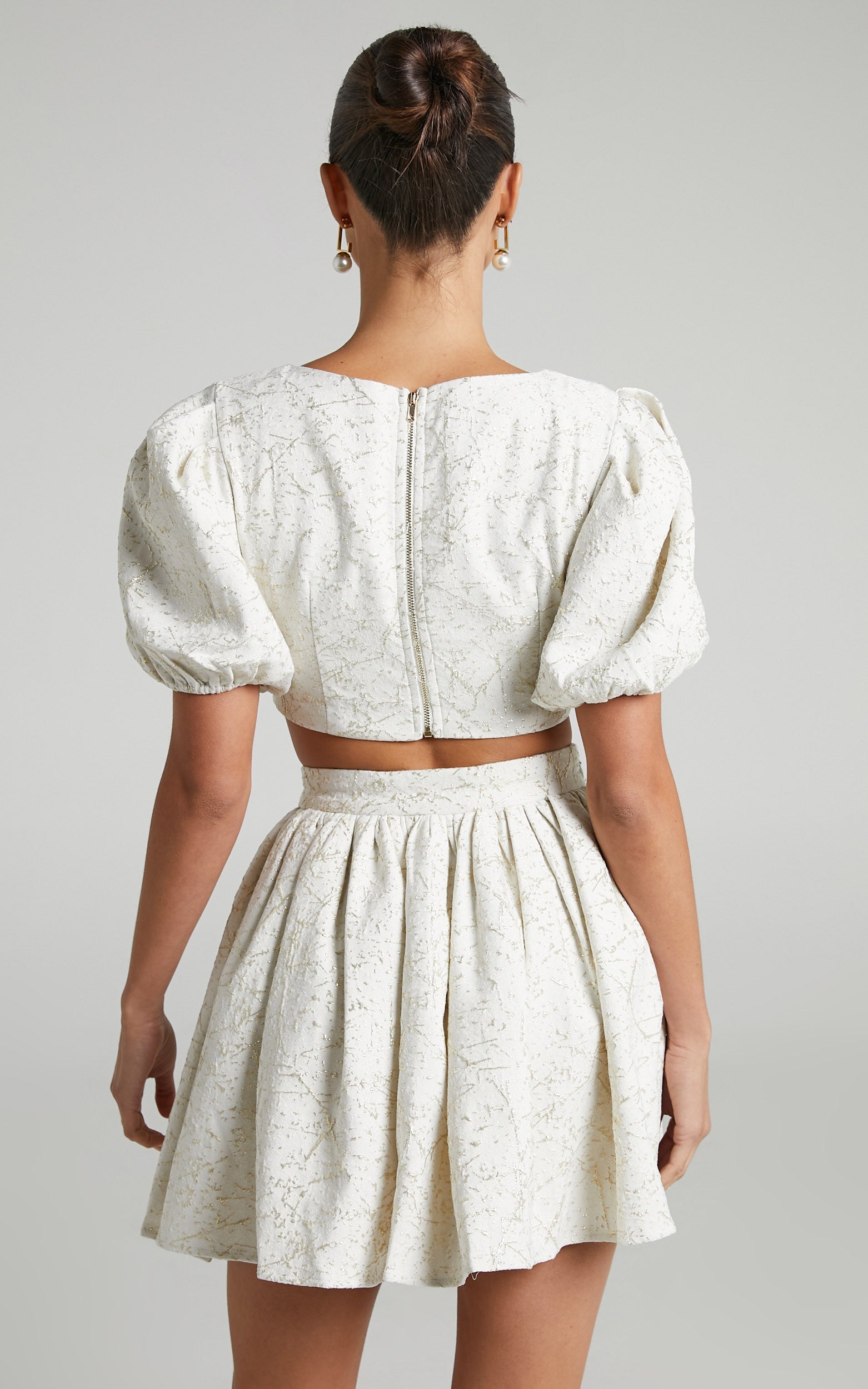 Clarie Two Piece Set - Lurex Jacquard Puff Sleeve Crop Top and Flare Mini Skirt Set in White