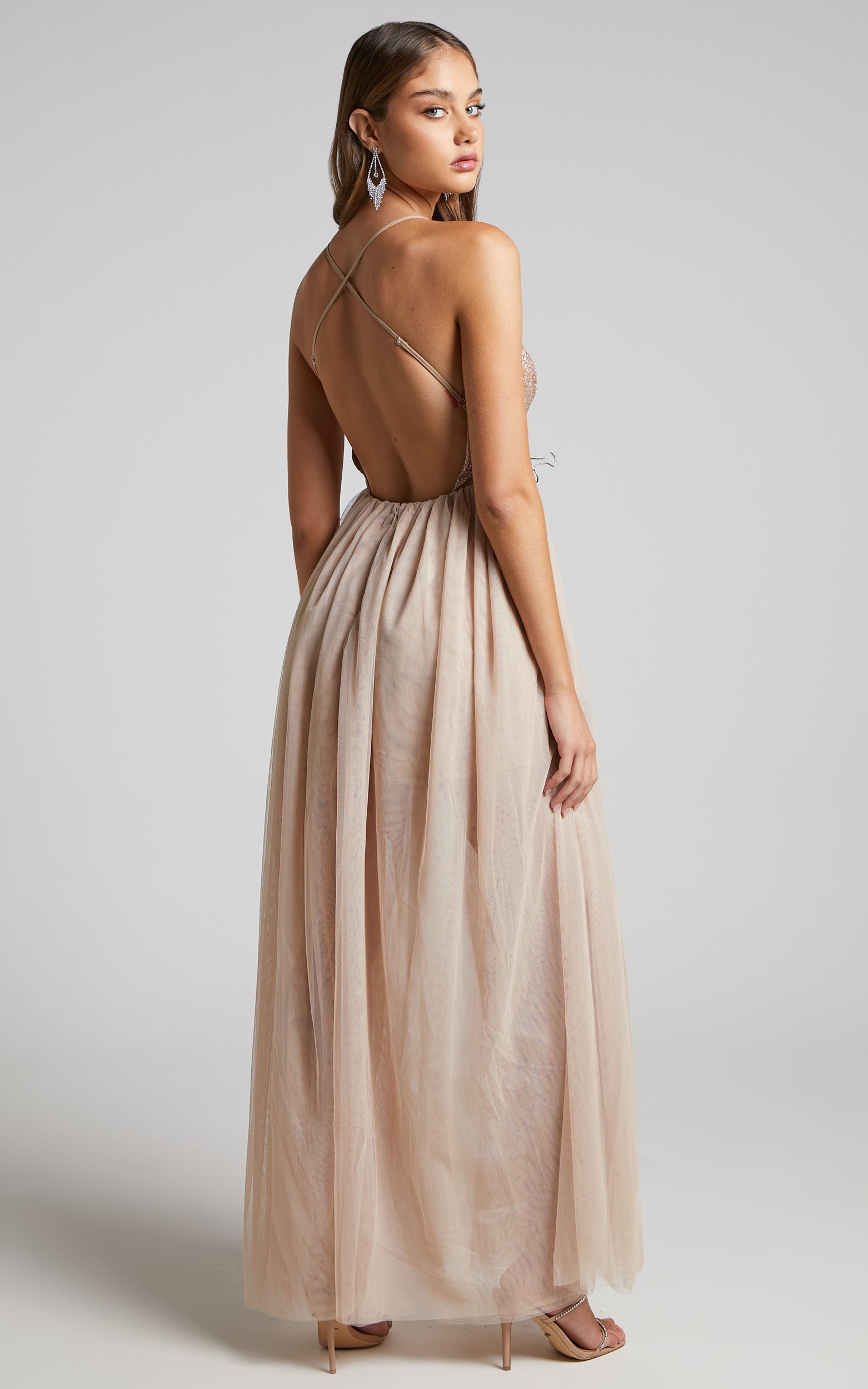 Deevey Maxi Dress - Open Back Glitter Bodice Tulle Dress in Nude