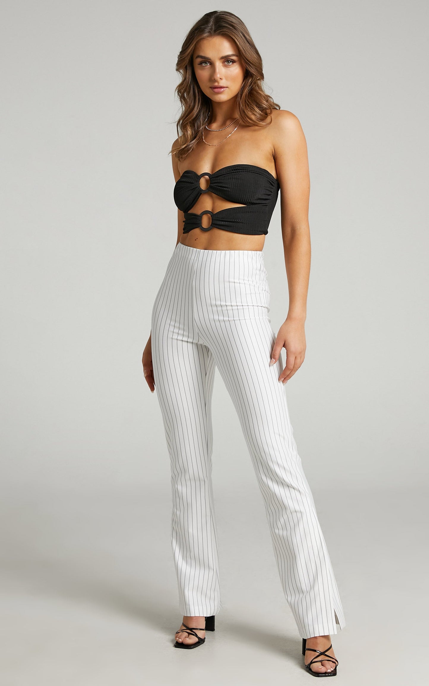 Elonie Split Hem Pinstripe High Waisted Pants in White