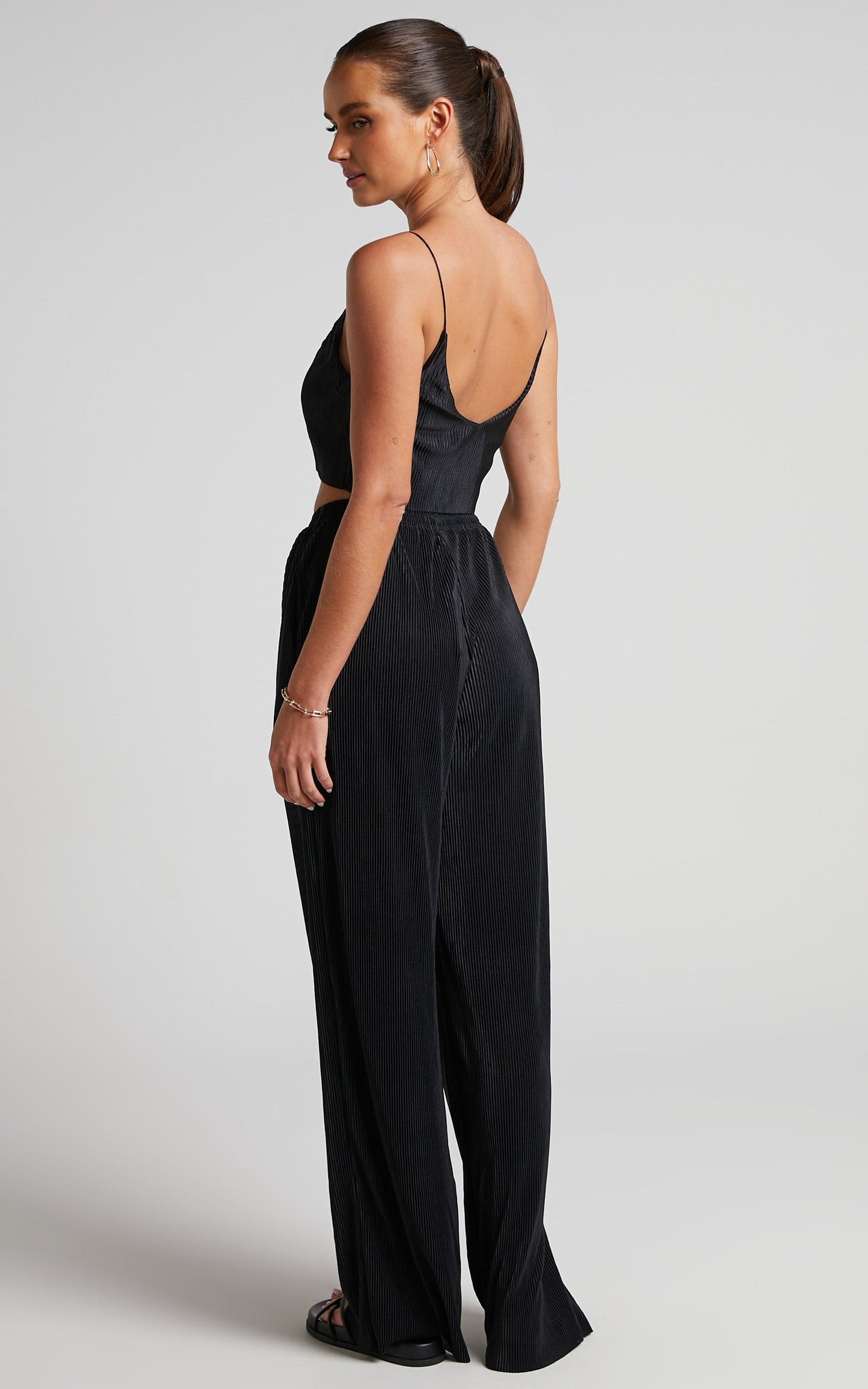 Elowen Two Piece Set - Plisse Crop Top and Relaxed Wide Leg Pants Set in Black