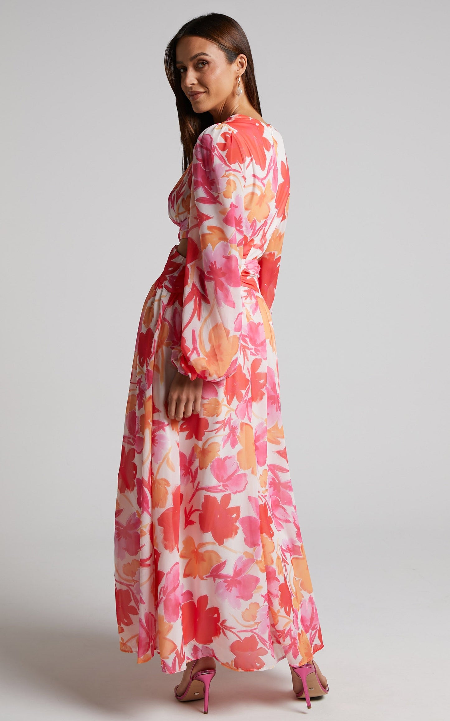 Emilee Midi Dress - Side Cut Out Long Sleeve Plunge Dress in Pink Floral