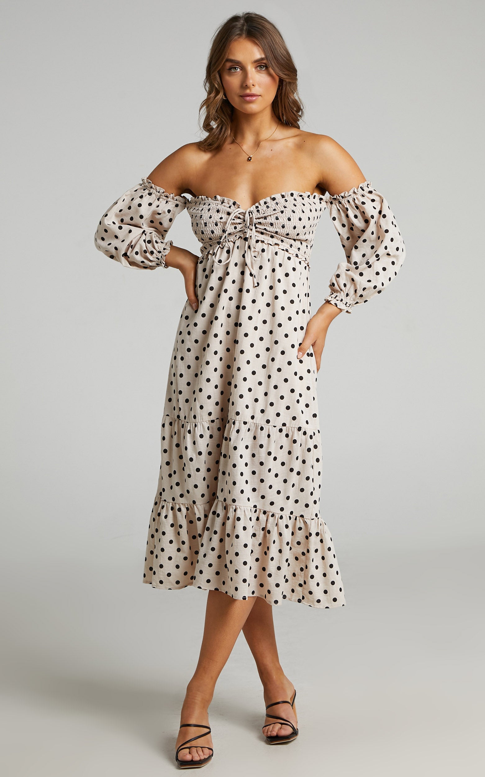 Emmah Midi Dress - Linen Off Shoulder Tiered Dress in Beige