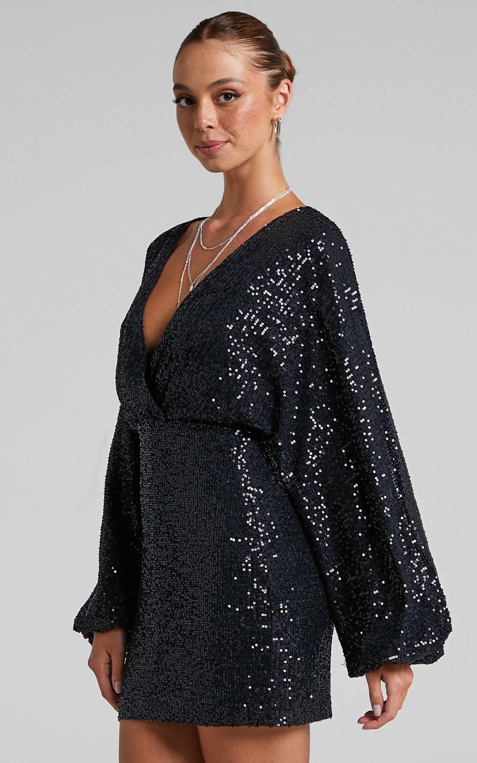 Erine Mini Dress - Long Sleeve Sequin Dress in Black
