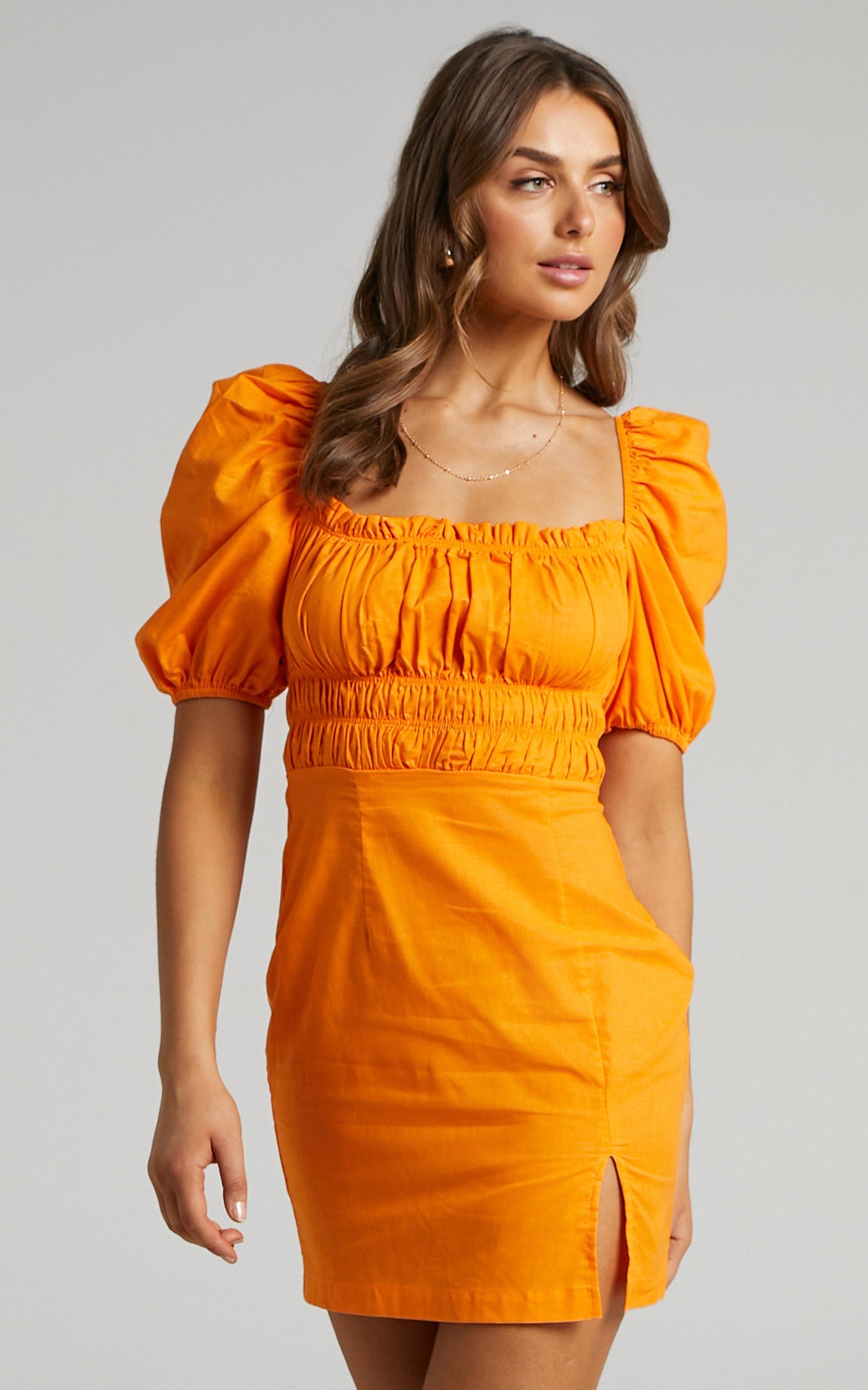 Everleigh Gather Bodice Mini Dress in Orange