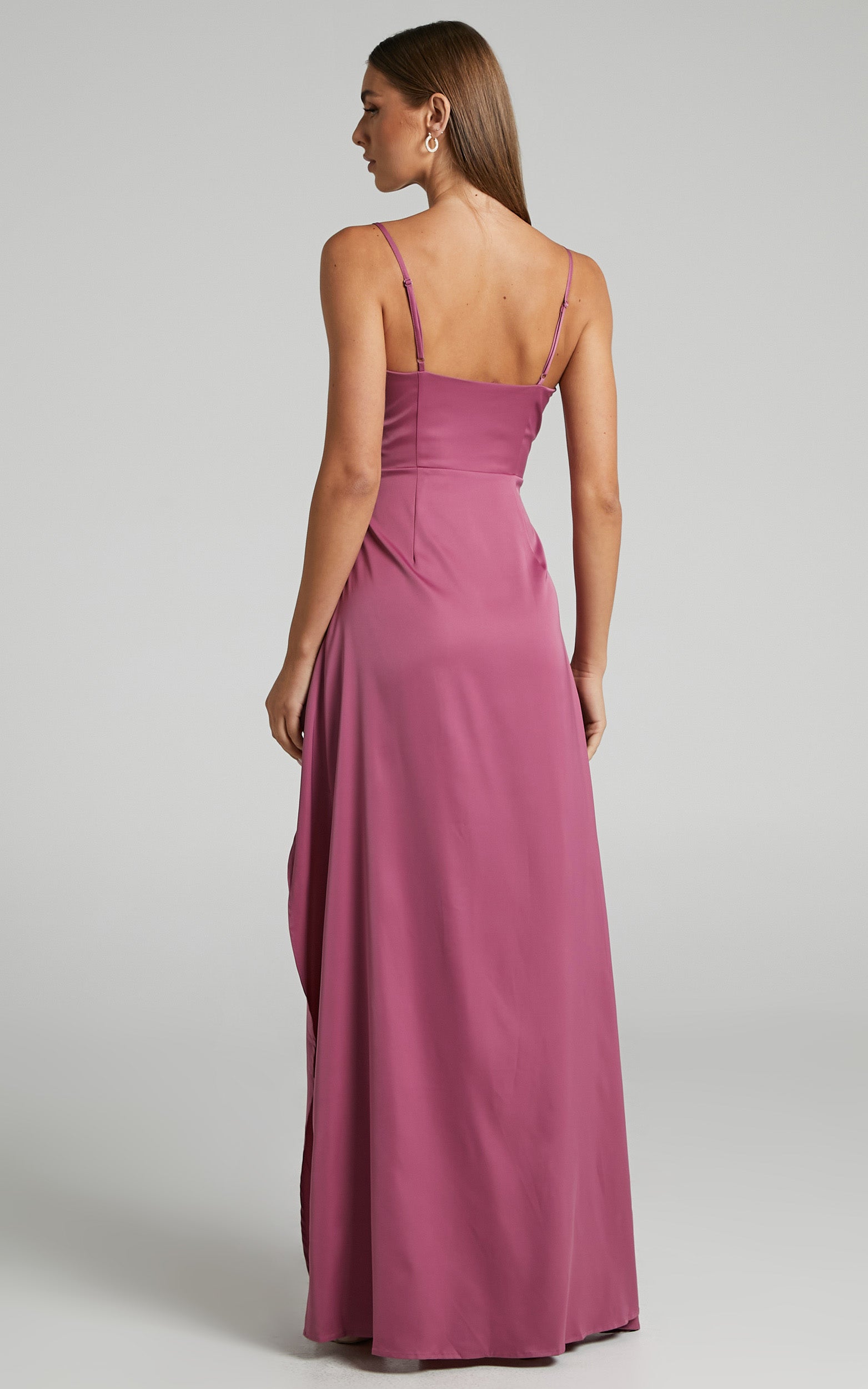 Federikke Maxi Dress - Thigh Split Fixed Wrap Satin Dress in MulBerry