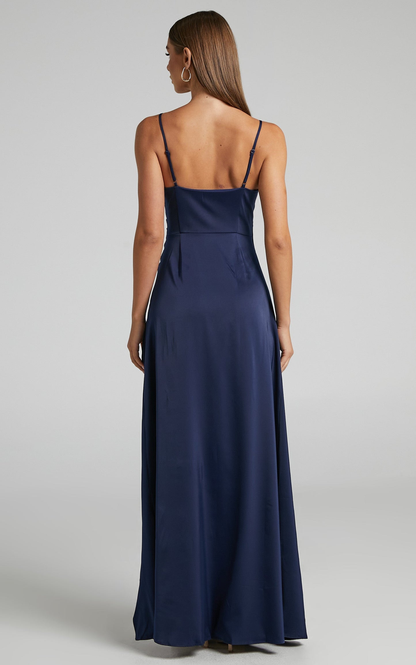 Federikke Maxi Dress - Thigh Split Fixed Wrap Satin Dress in Navy