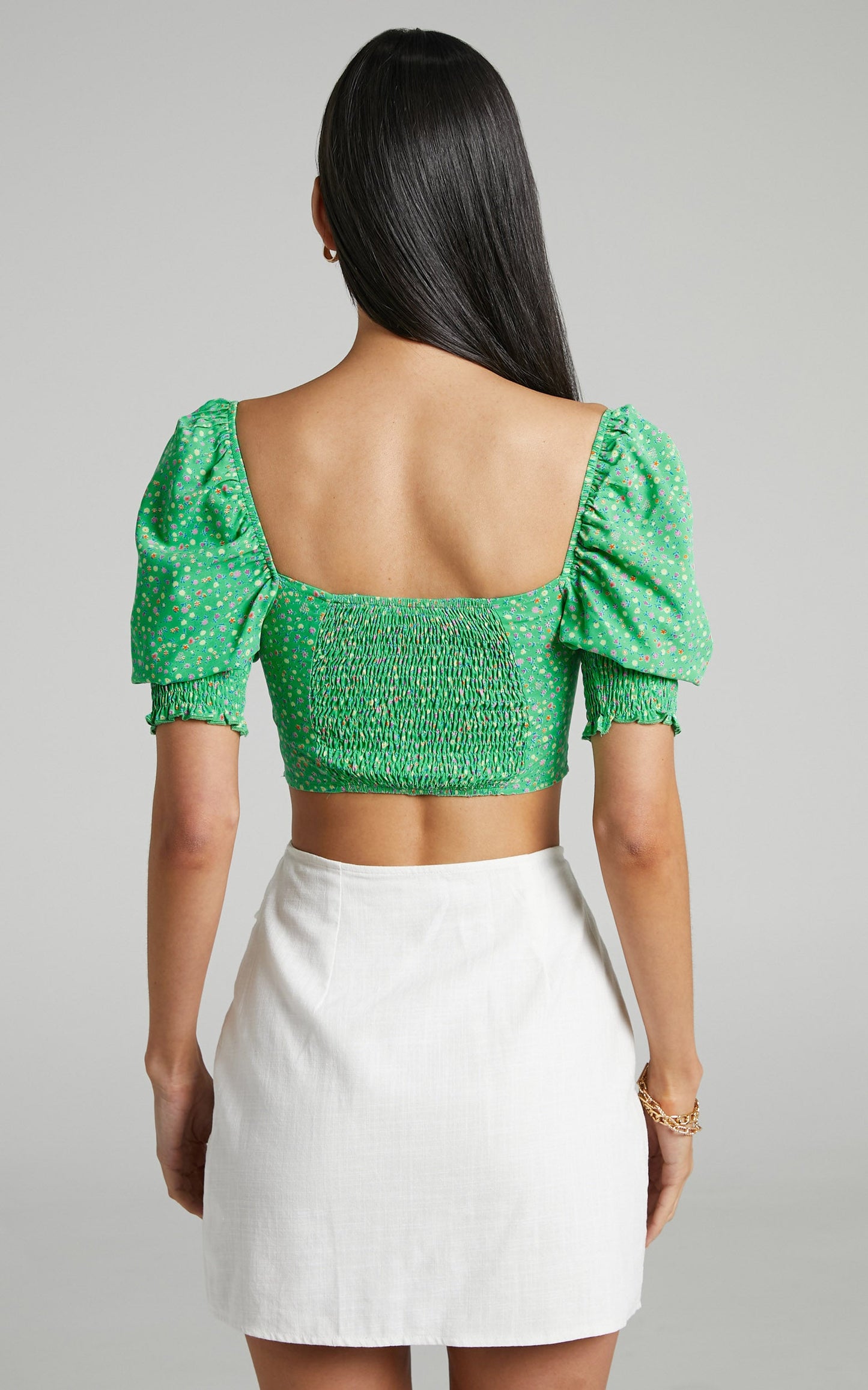 Feliza Top - Ruched Sweetheart Bust Puff Sleeve Crop Top in Green Floral