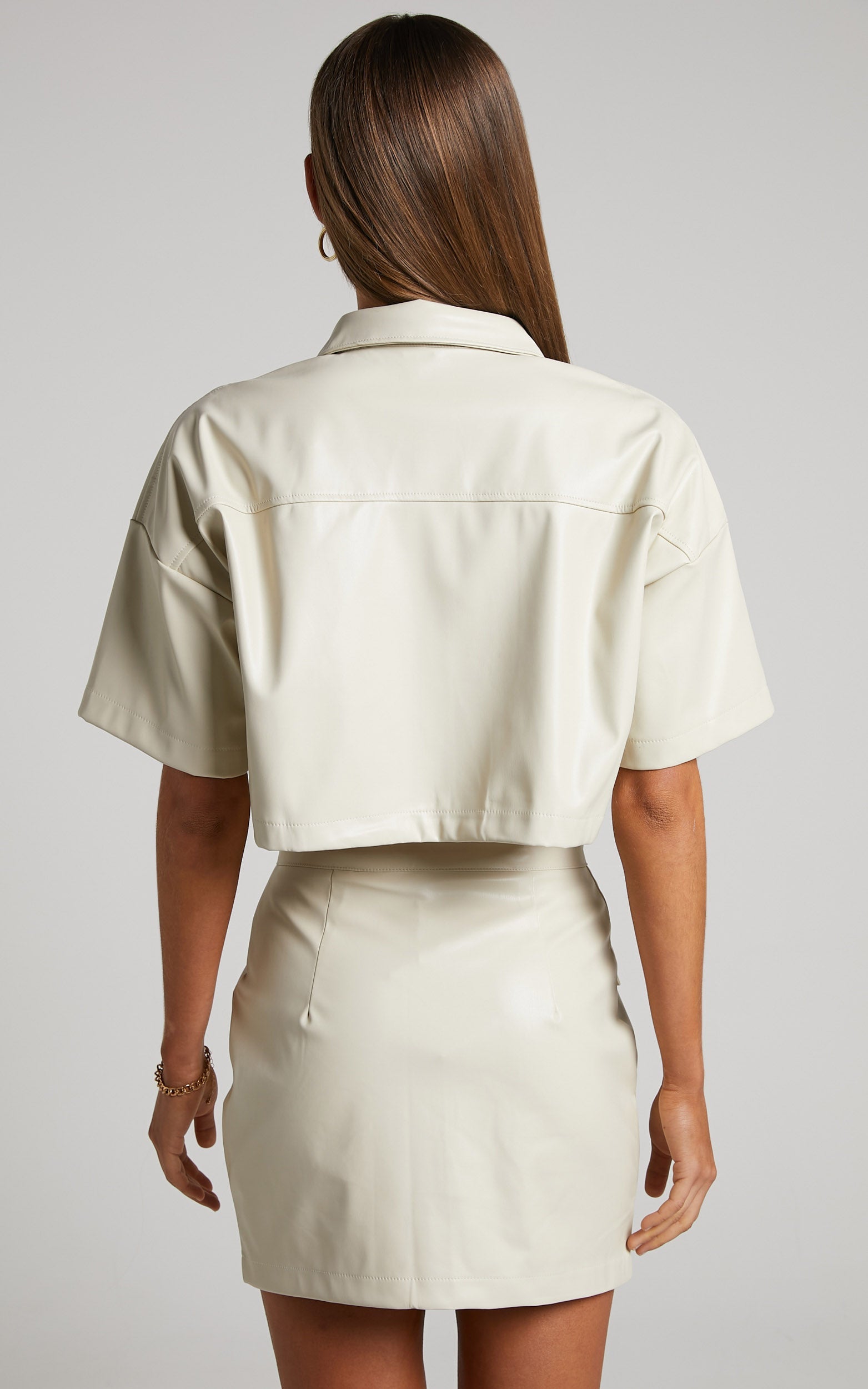 Ferrah Two Piece Set - Faux Leather Button Front Crop Top and Mini Skirt in Ecru