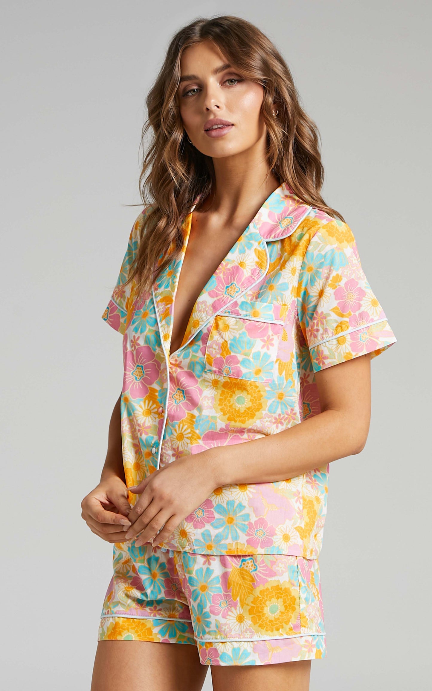 Freyda Cotton Voile Sleep Collared Shirt Two Piece Set in Pink Floral