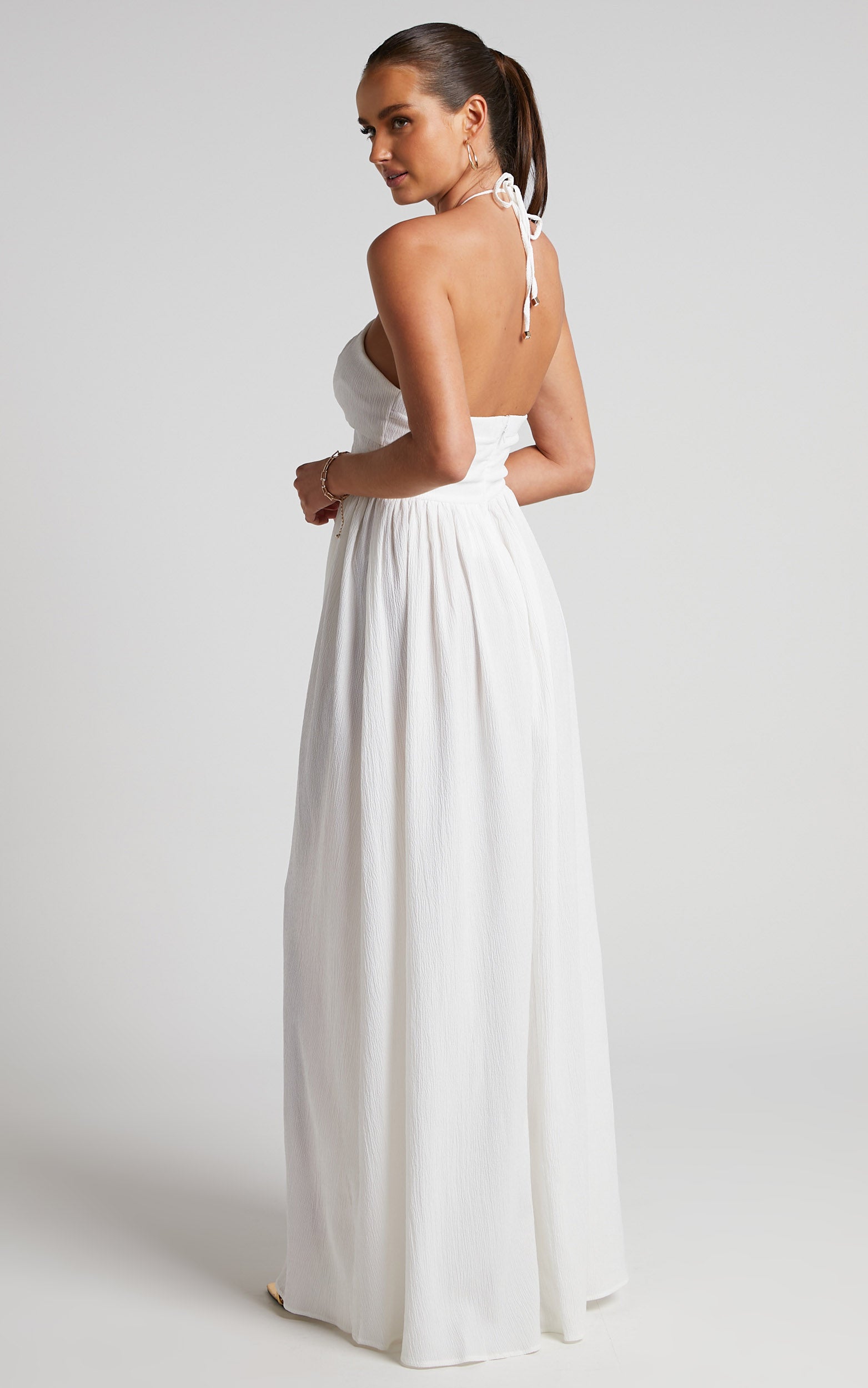 Isabeau Maxi Dress - High Slit Strappy Halter Dress in White