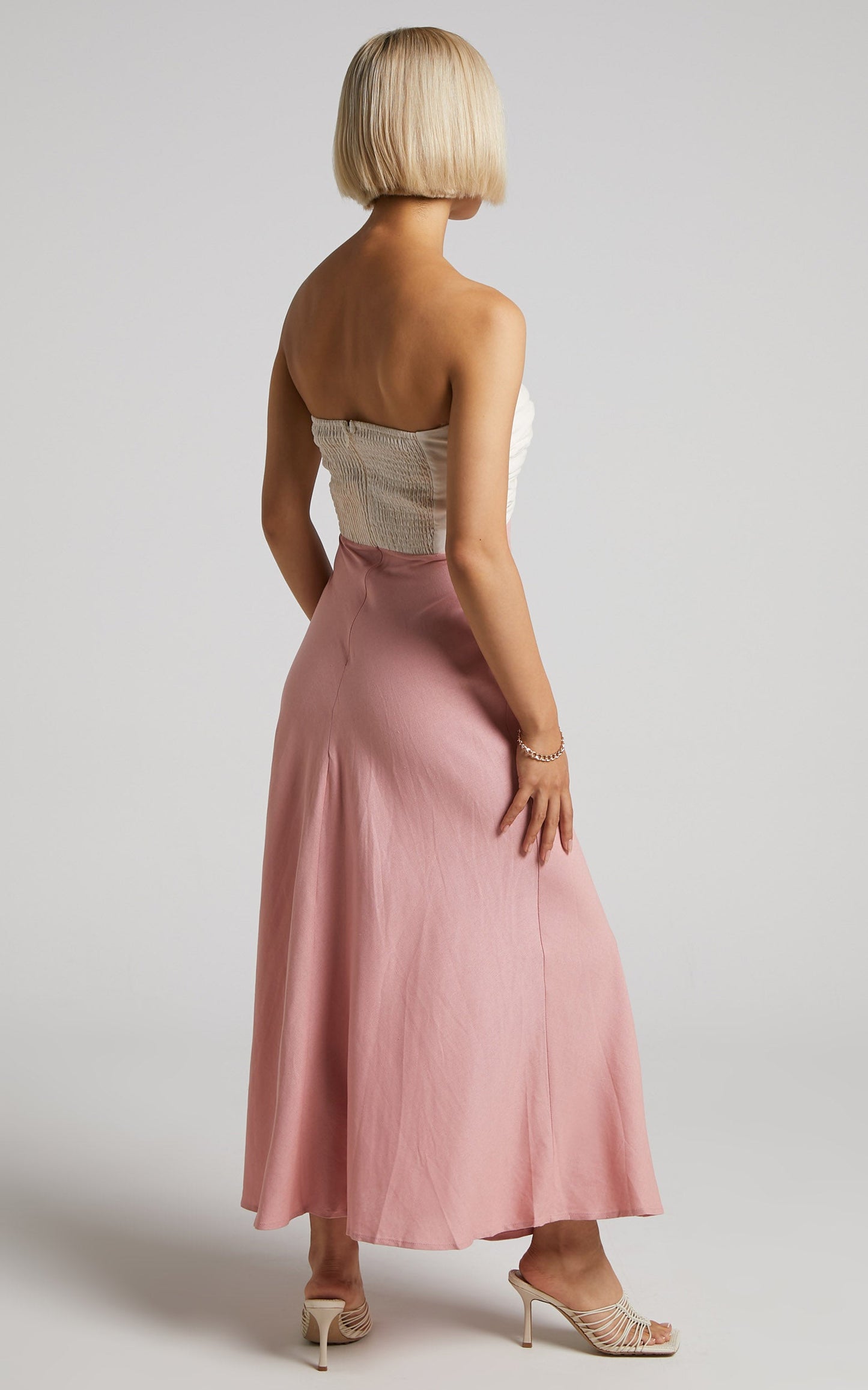 Jaqueline Maxi Dress - Two Tone Twist Front Strapless Sweetheart Dress in White & Pink