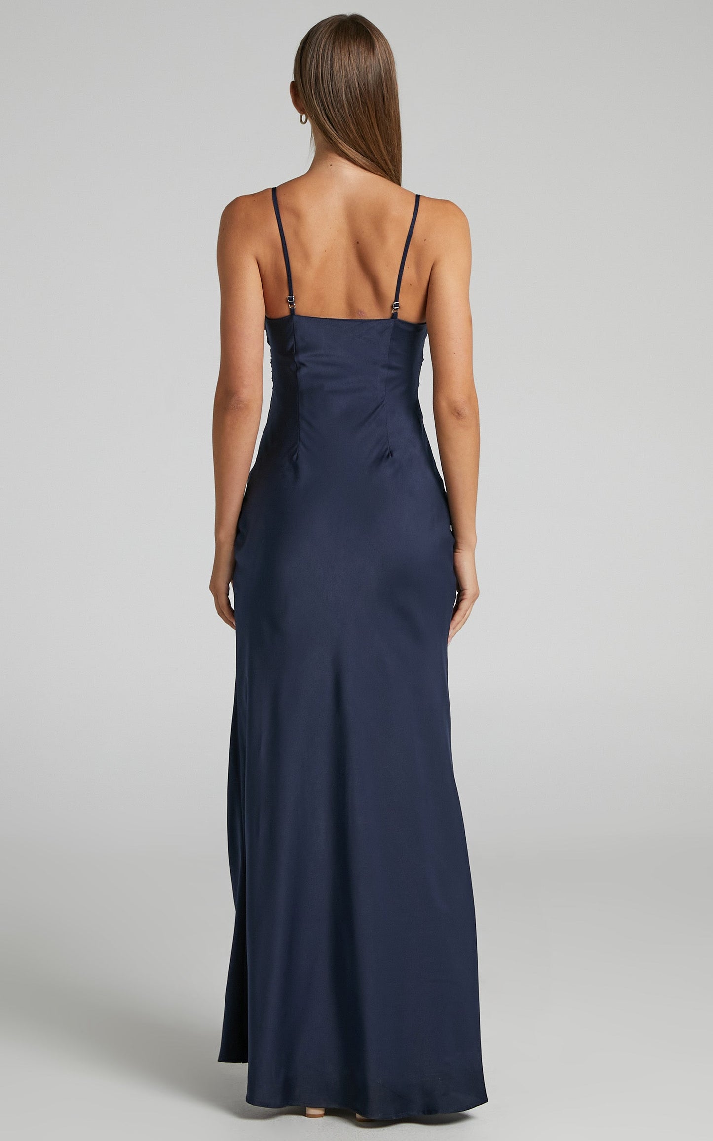 Jewelle Midi Dress - High Split Cowl Neck Satin Dress in Navy