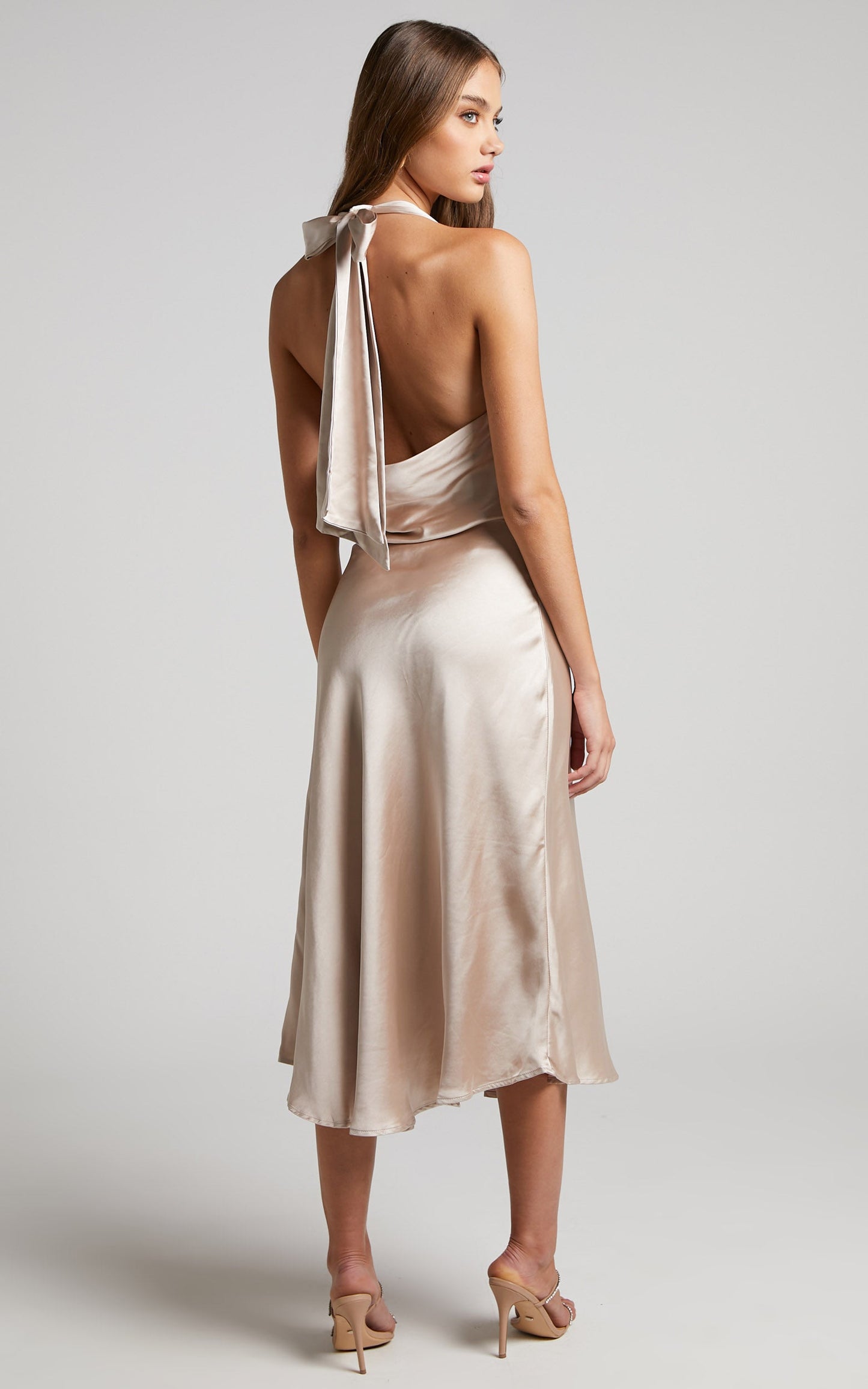 Jezra Midi Dress - Cowl Neck Satin Slip Dress in Champagne