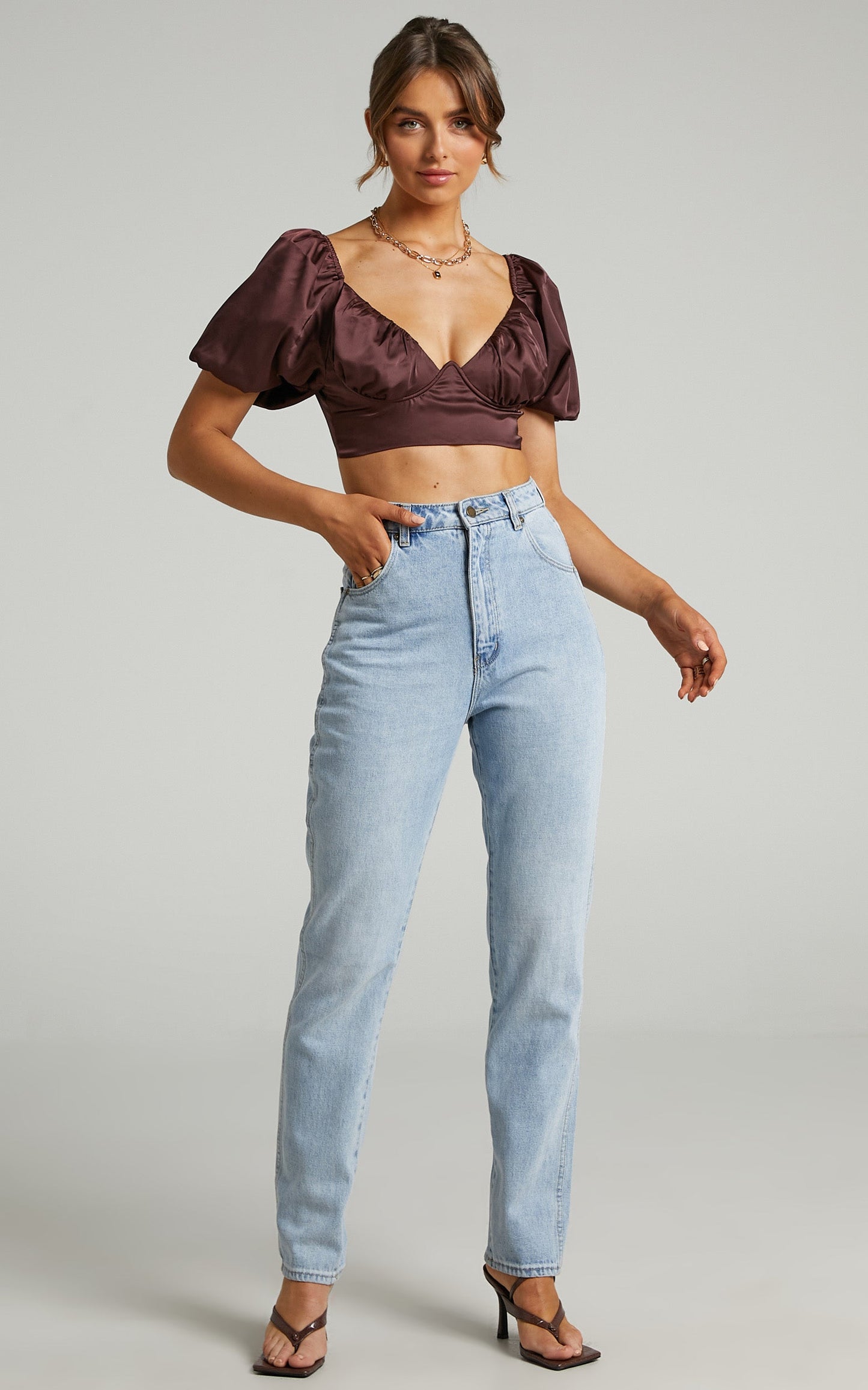 Joaquin Cropped Top with Underbust Wire and Puff Sleeves in Chocolate Satin
