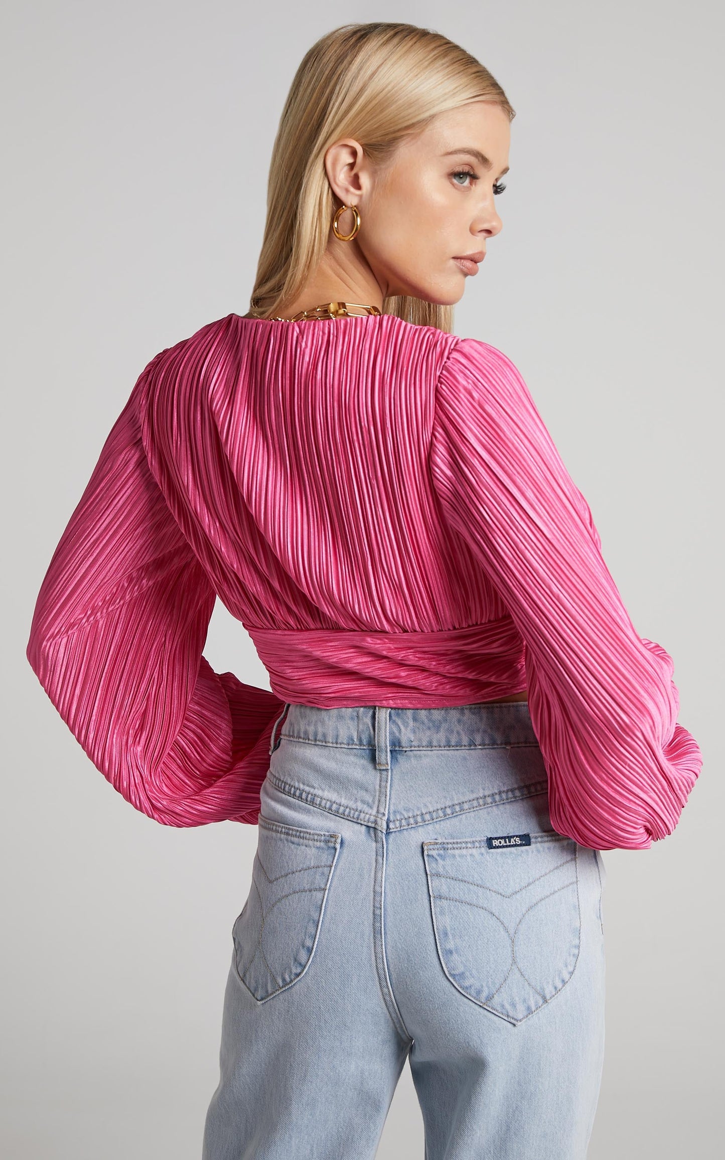 Jondra Blouse - Ruched Front Long Sleeve Plisse Blouse in Pink