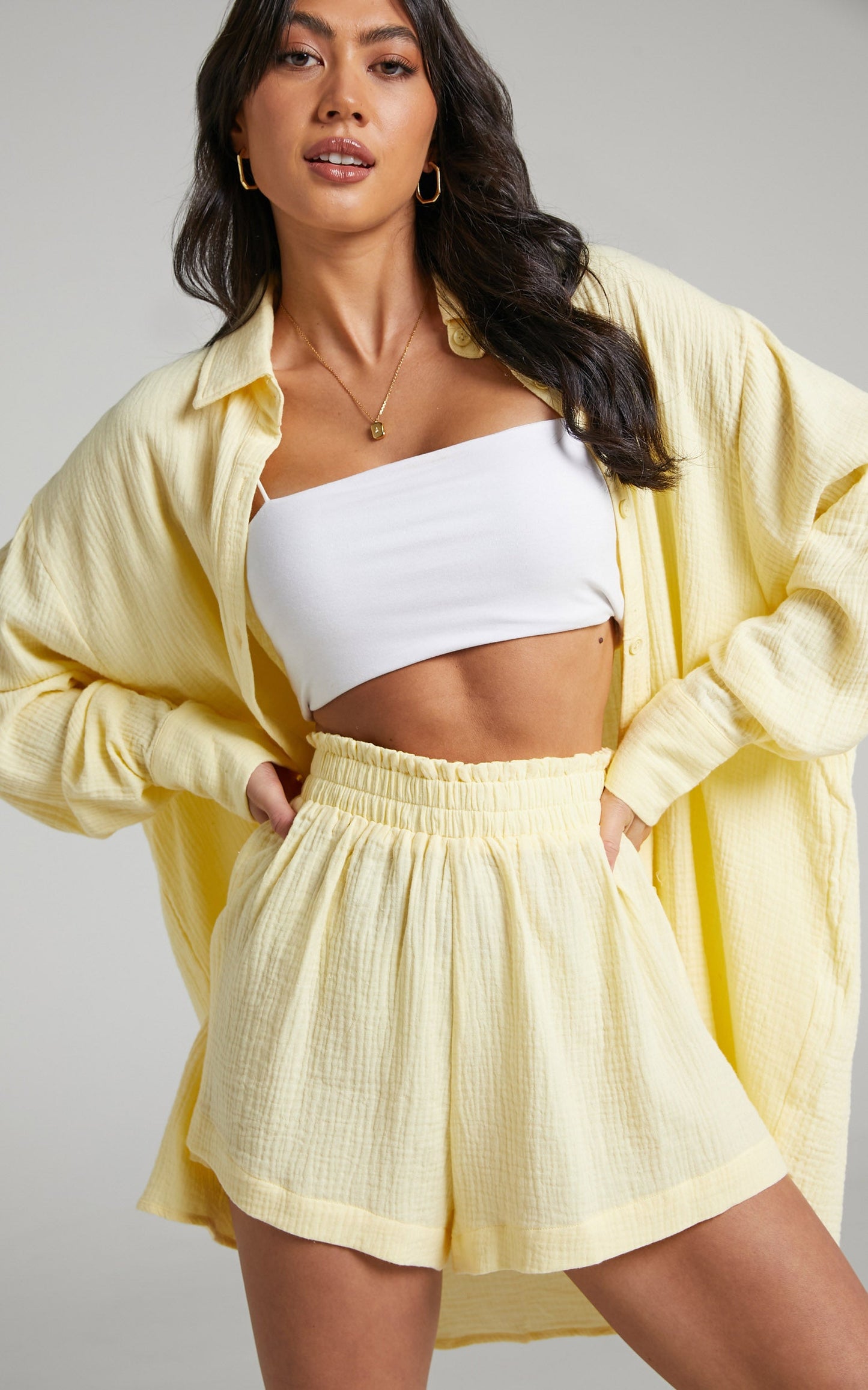 Joyce Muslin Shorts - Elasticated High Waisted Soft Shorts in Lemon