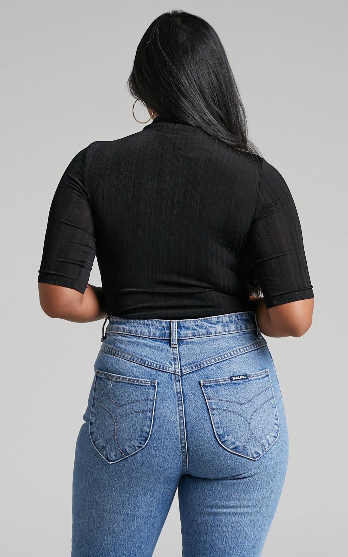 Kaimi Bodysuit - High Neck Long Sleeves Ribbed Bodysuit in Black
