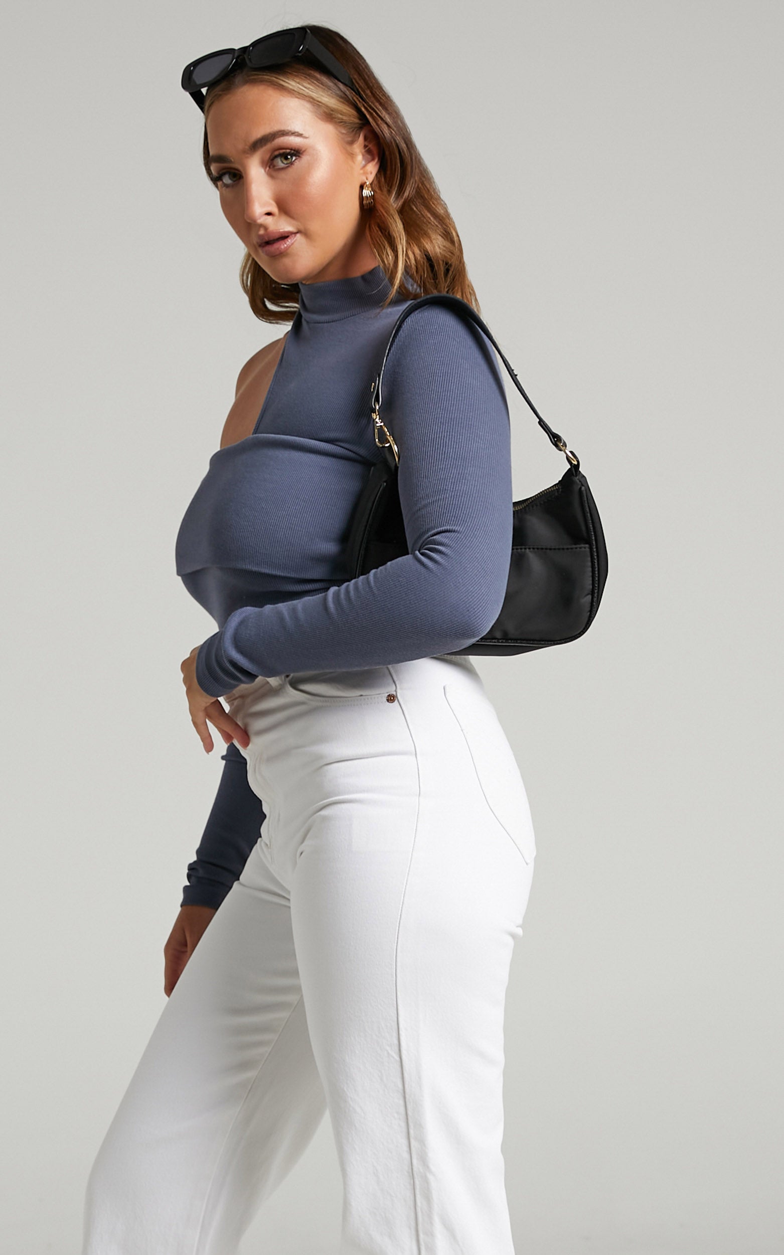 Kiefer Top - Asymmetric Long Sleeve Cutout Top in Blue