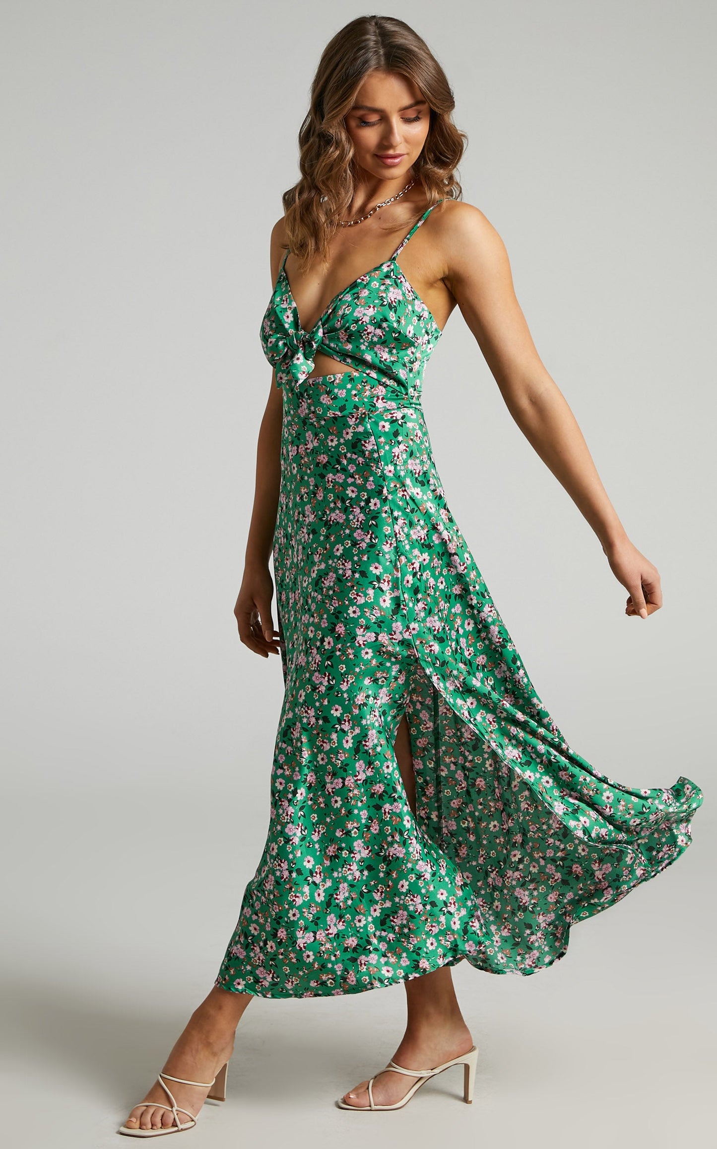 Kingsley Midi Length Dress with Split in Green Floral