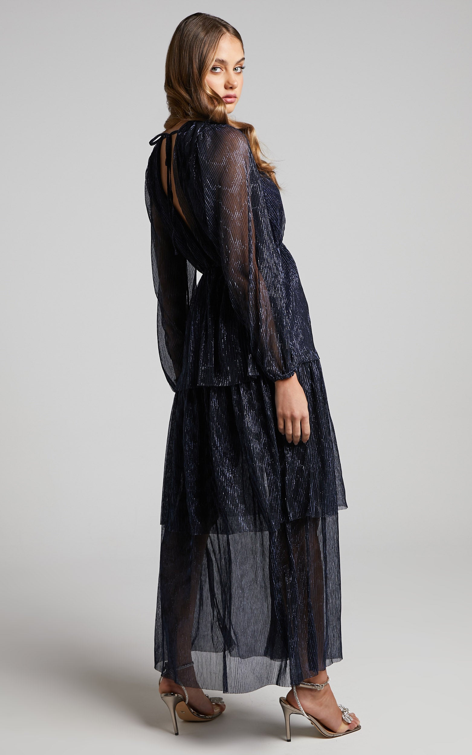 Laurah Midi Dress - Plunge Neck Tiered Plisse Dress in Navy