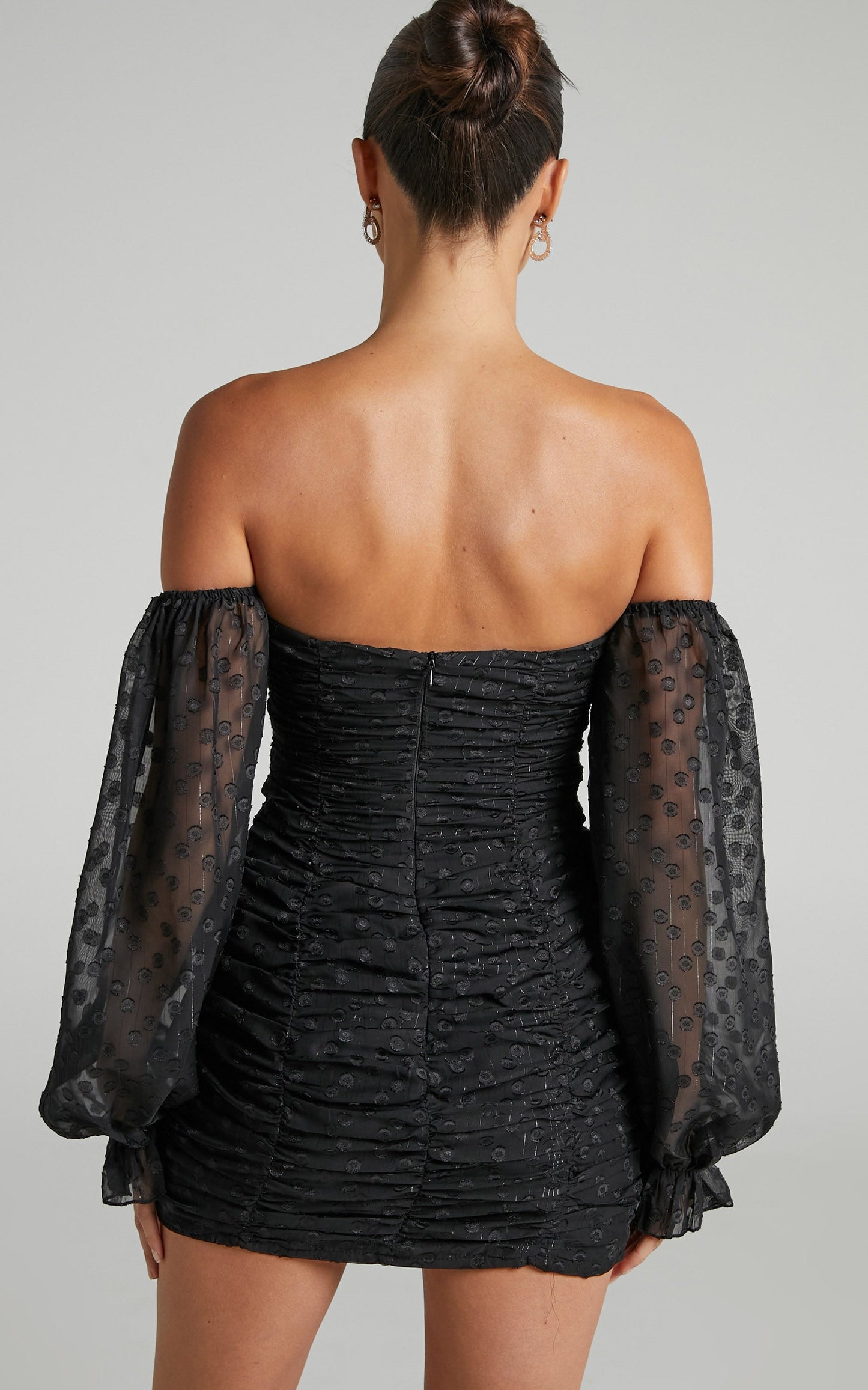 Leonne Mini Dress - Ruched Off Shoulder Balloon Sleeve Dress in Black