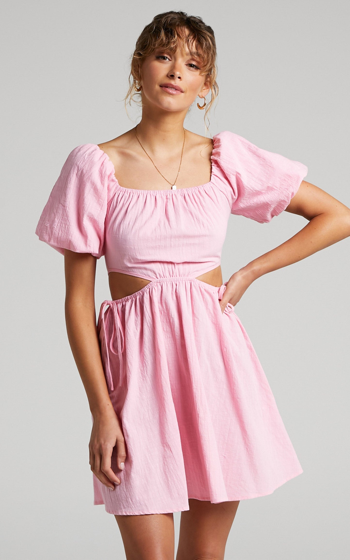 Loriella Linen Waist Cut Out Skater Skirt Dress in Dusty Pink