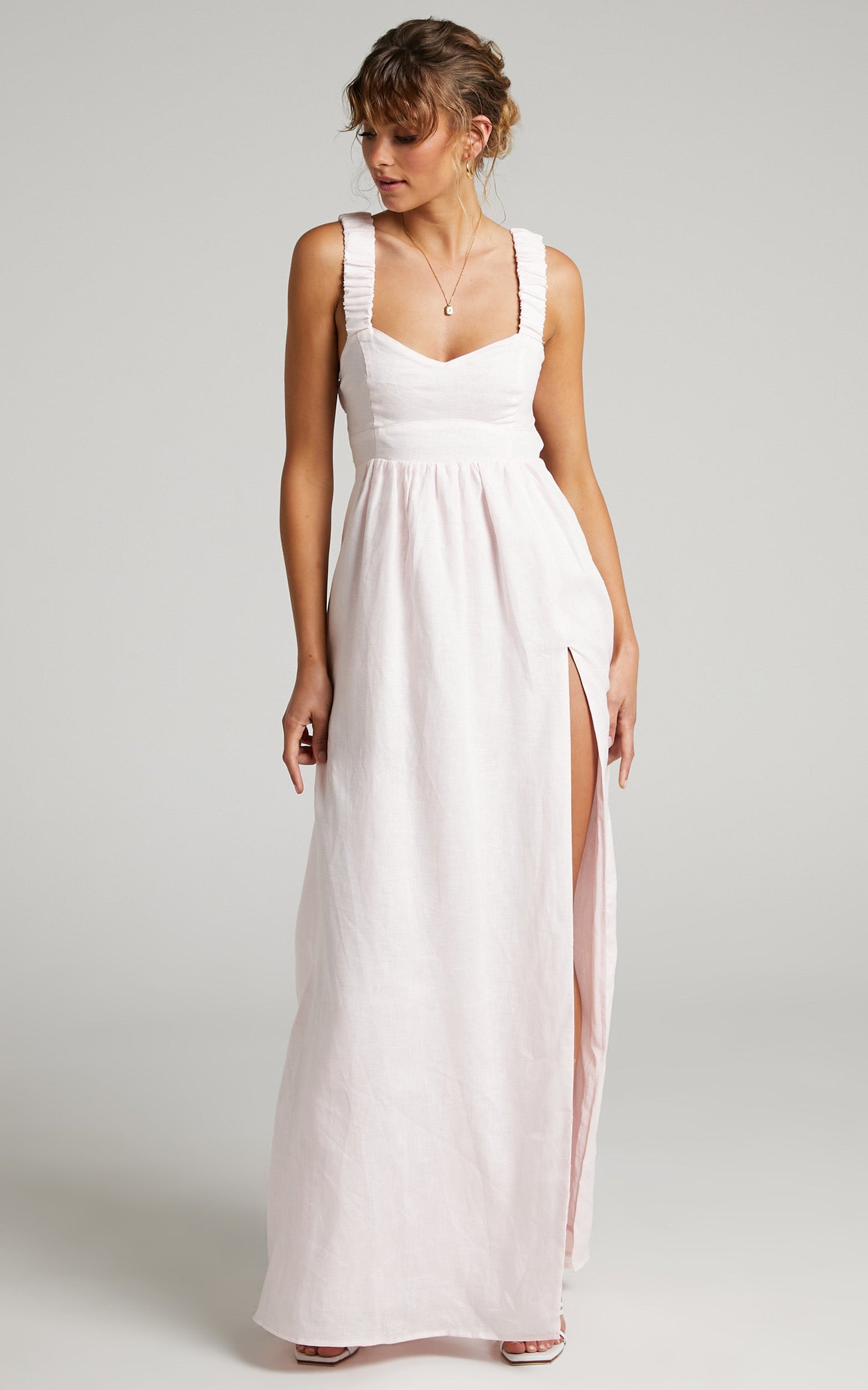 Amalie The Label - Lucia Linen Elasticated Strap Backless Maxi Linen Dress in Off White