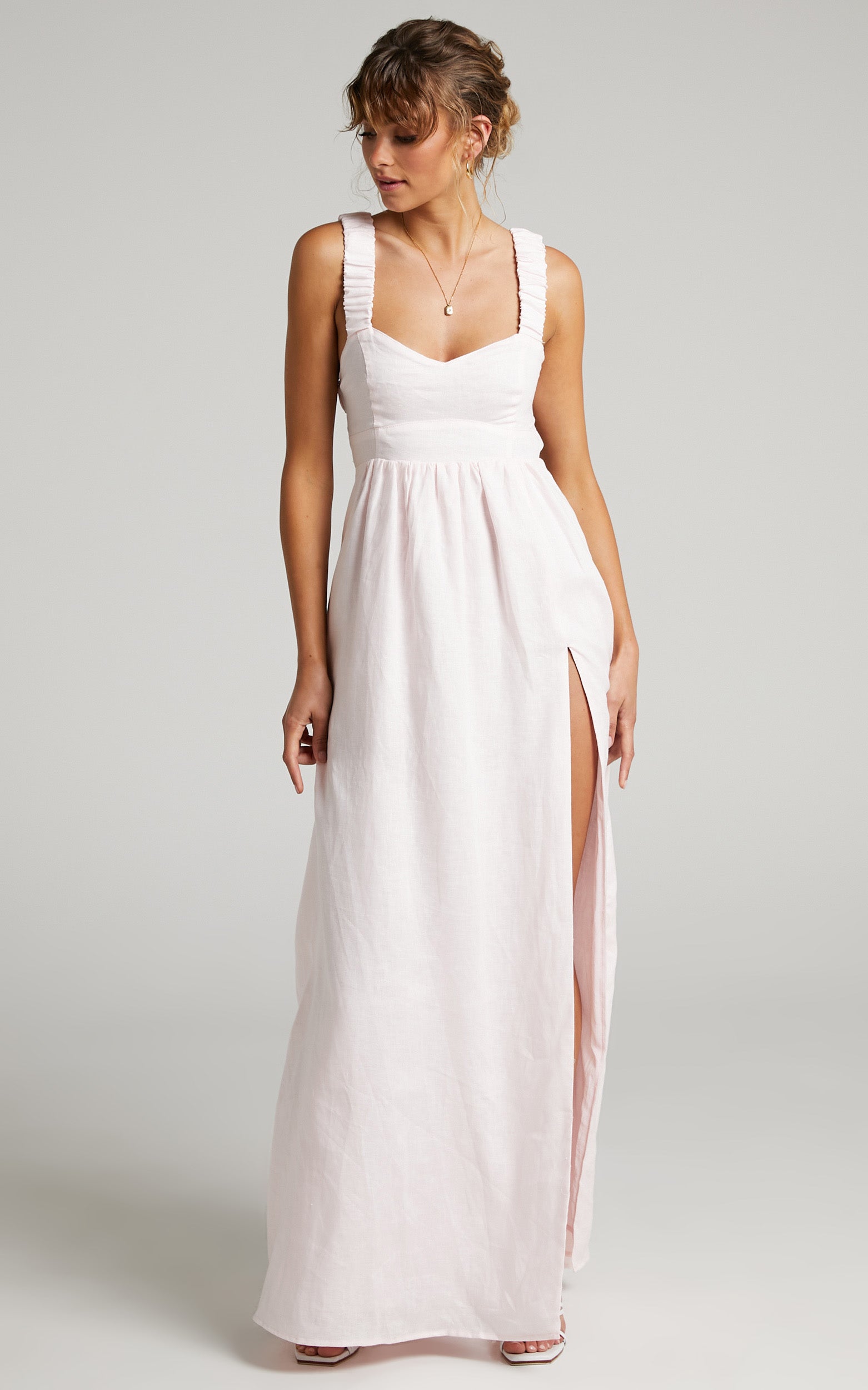 Amalie The Label - Lucia Linen Elasticated Strap Backless Maxi Linen Dress in Off White