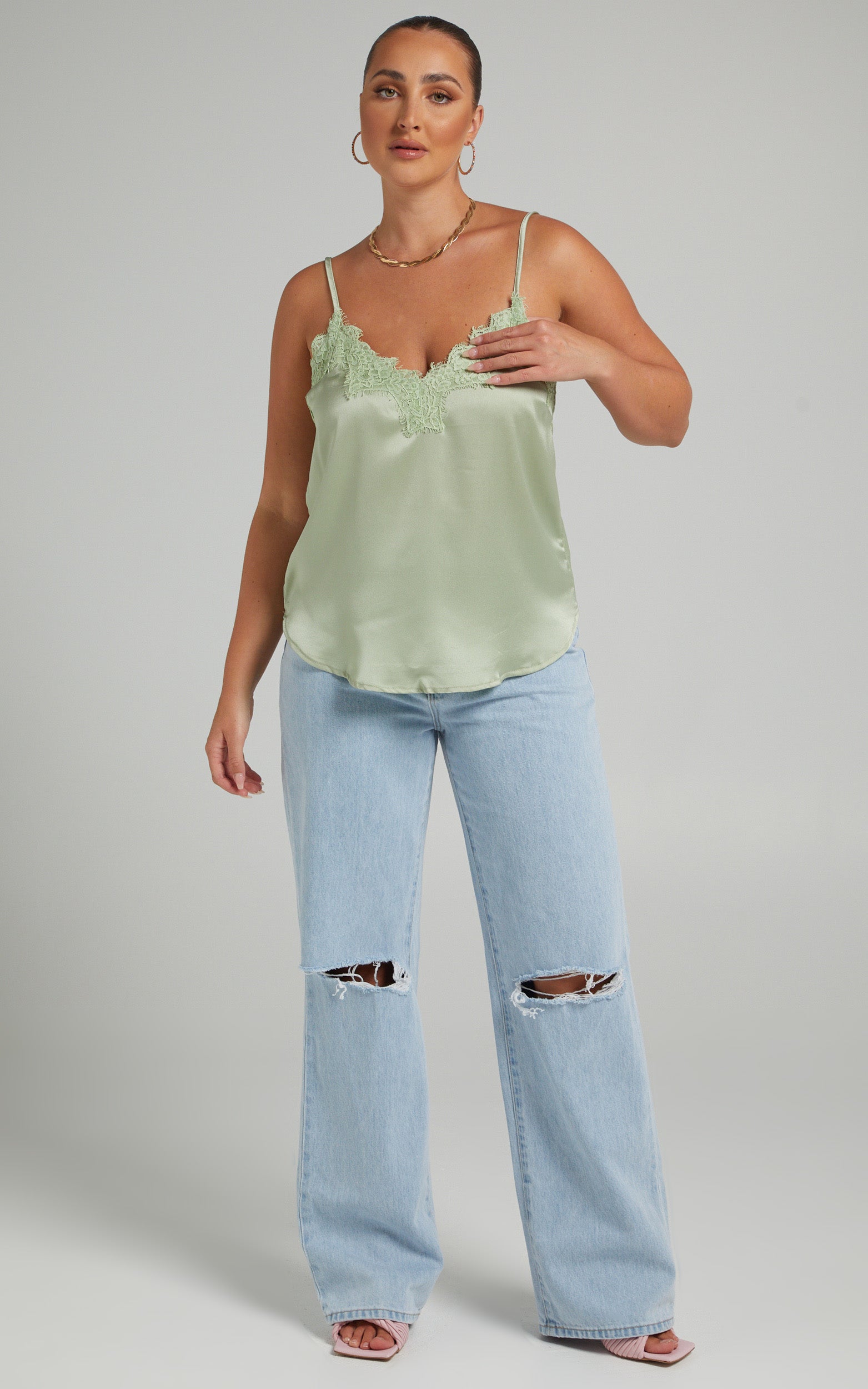 Jennifer Lace Trim Cami in Green Satin