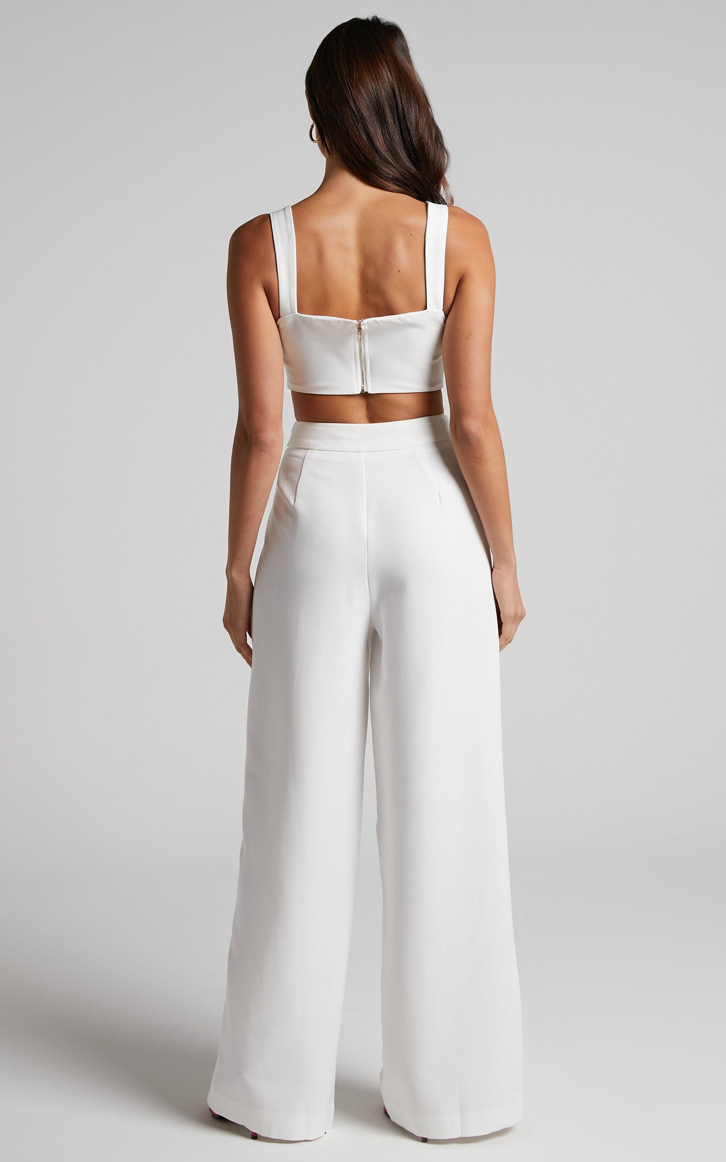 Maida Two Piece Set - V Front Crop Top and Wide Leg Pants Set in Ivory