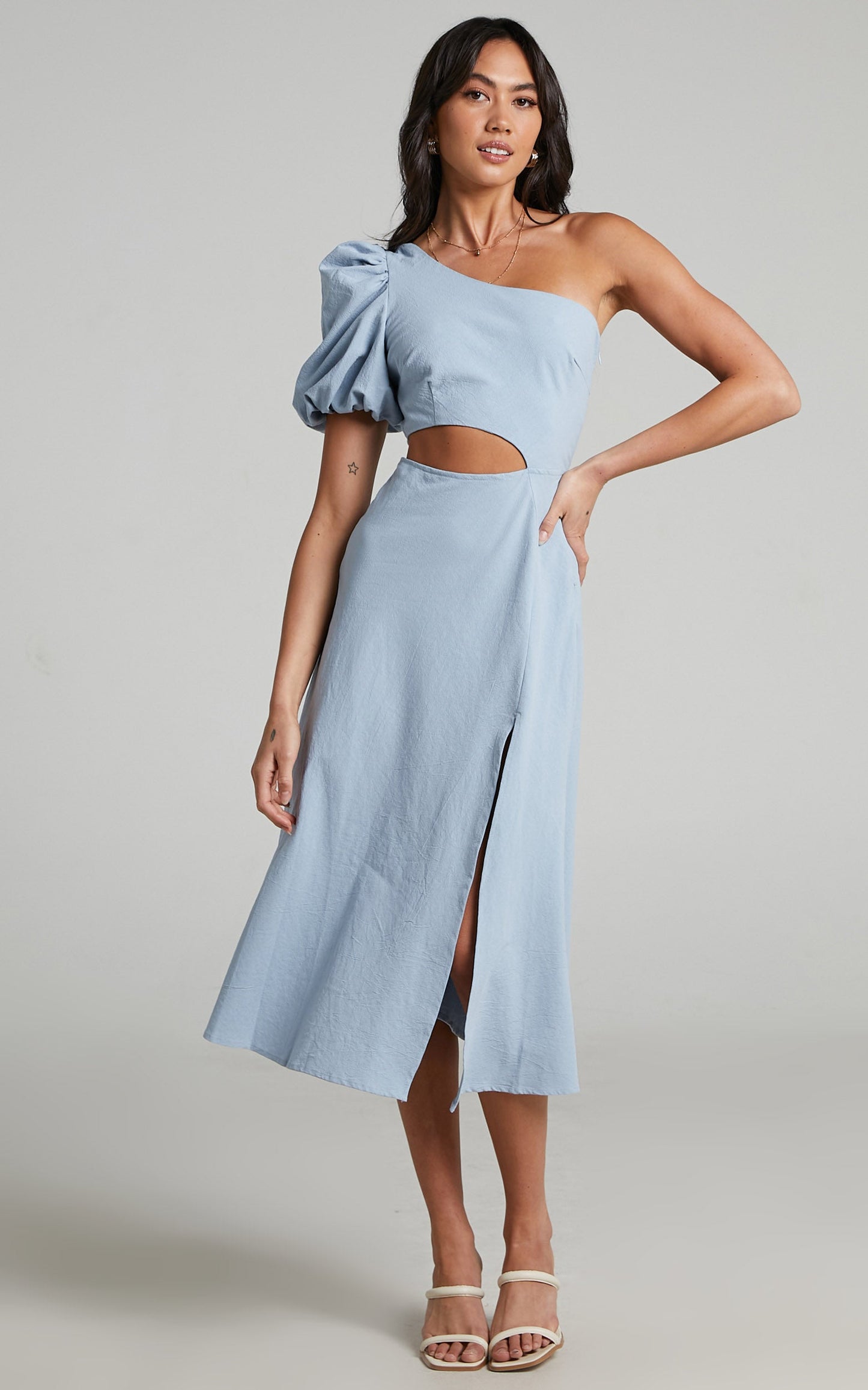 Marcia Midi Dress - One Shoulder Dress with Side Cut Out in Cornflower Blue Linen Look