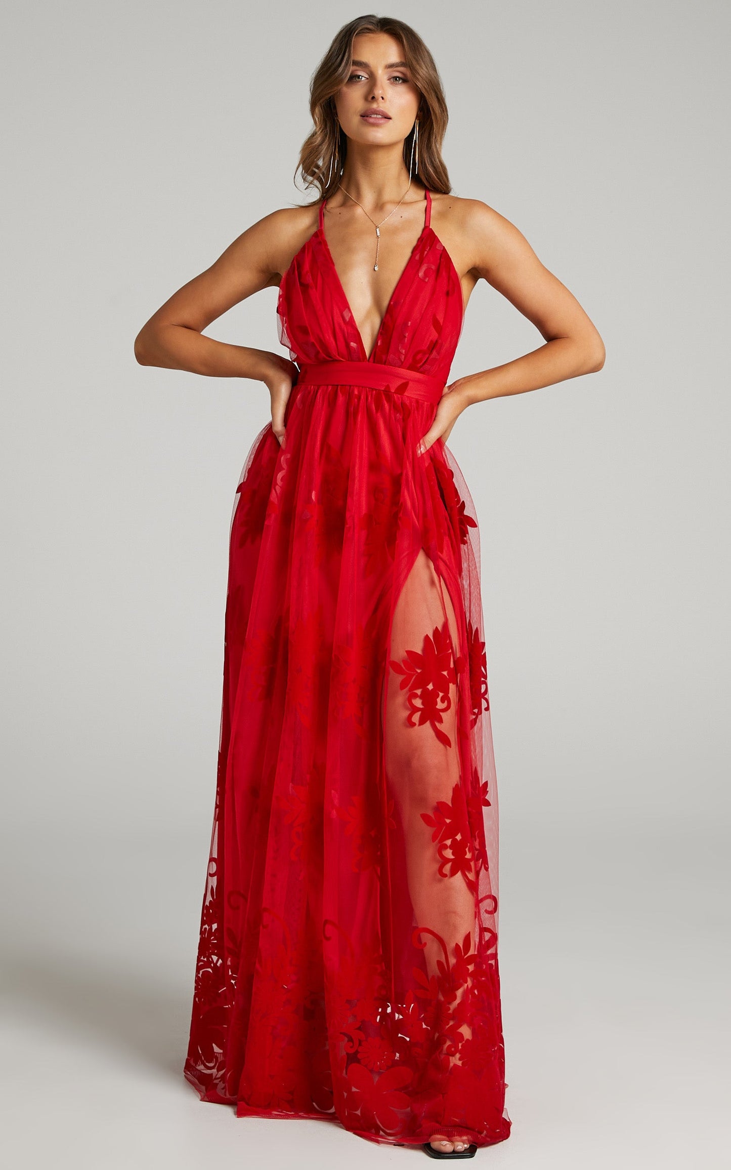 Marissa Velvet Applique Tulle Plunge Maxi Dress in Red