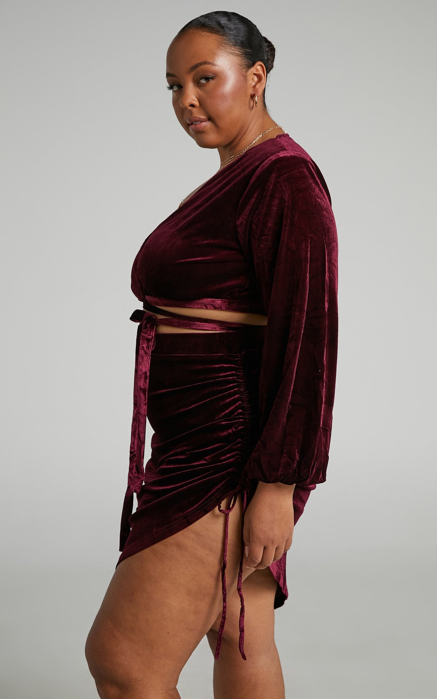 Maybelyn Mini Skirt - Velvet Ruched Asymmetric Skirt in Burgundy