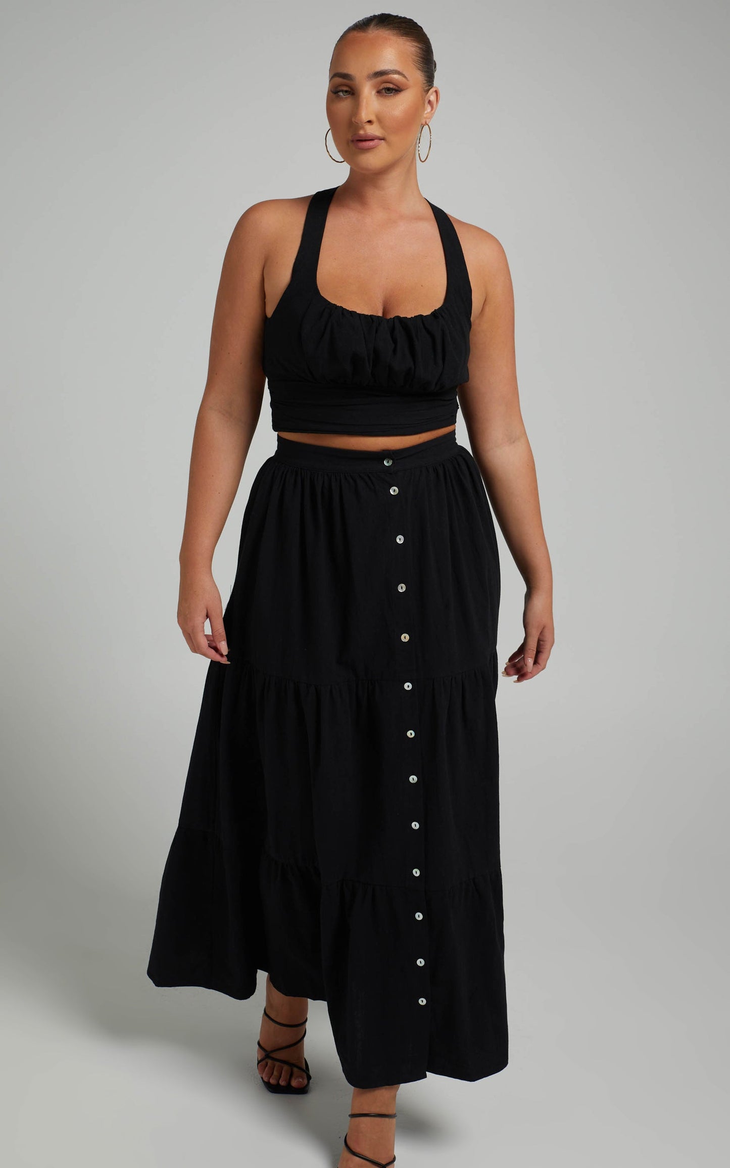Arabella Tiered Button Front Maxi Skirt in Black