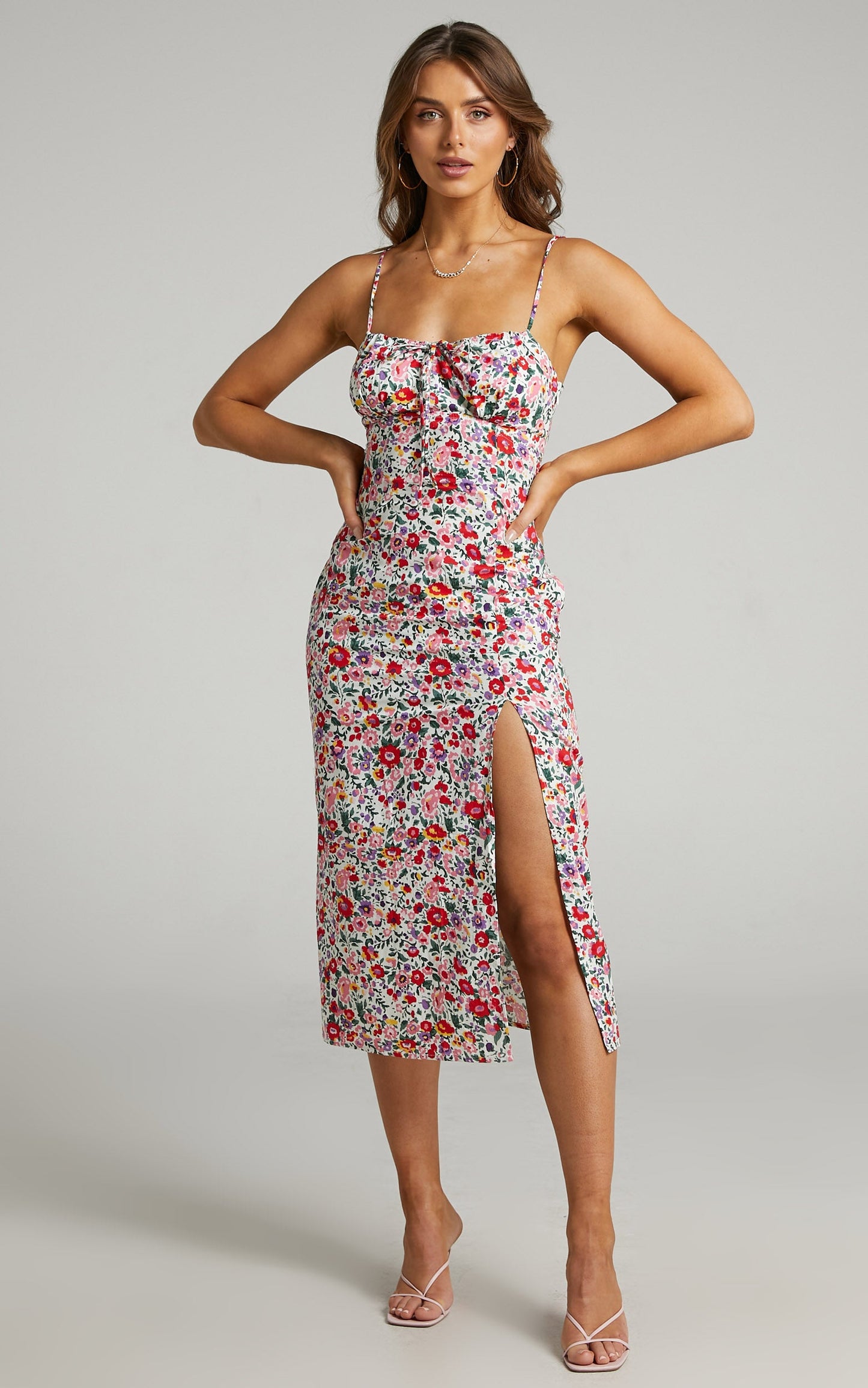 Misty Tie Up Front Midi Dress in White Floral