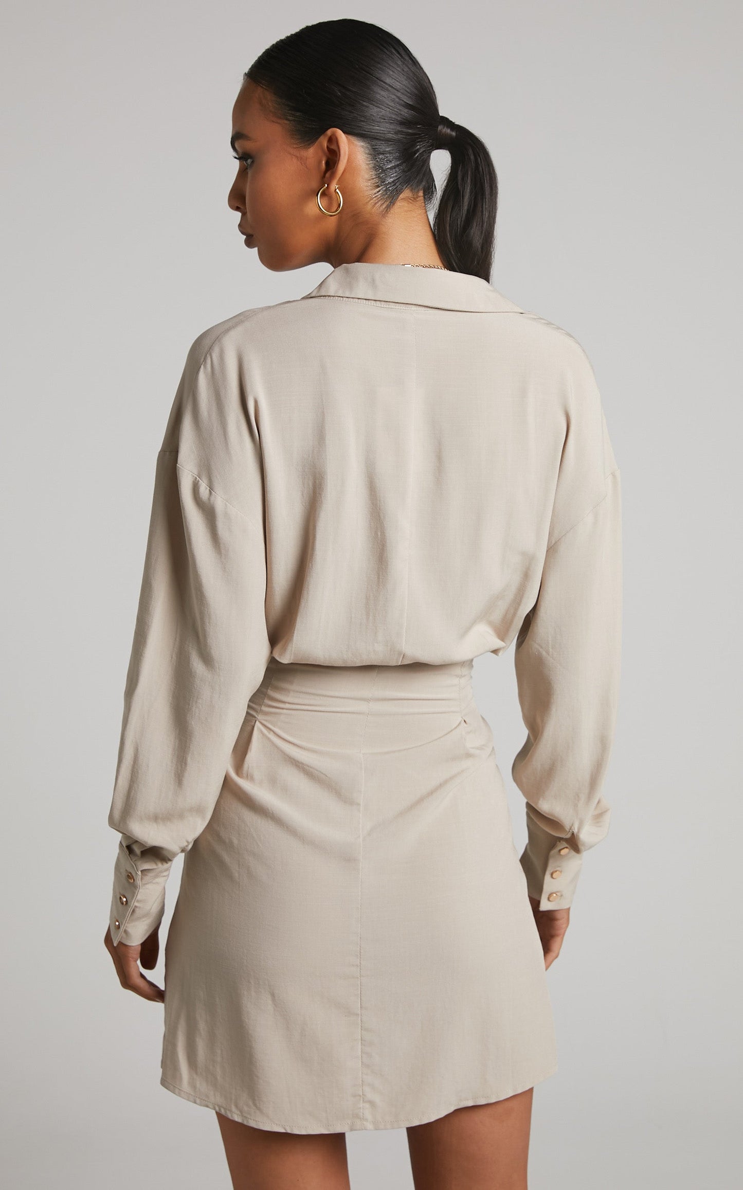 Novabella Mini Dress - Lace Up Button Through Shirt Dress in Natural