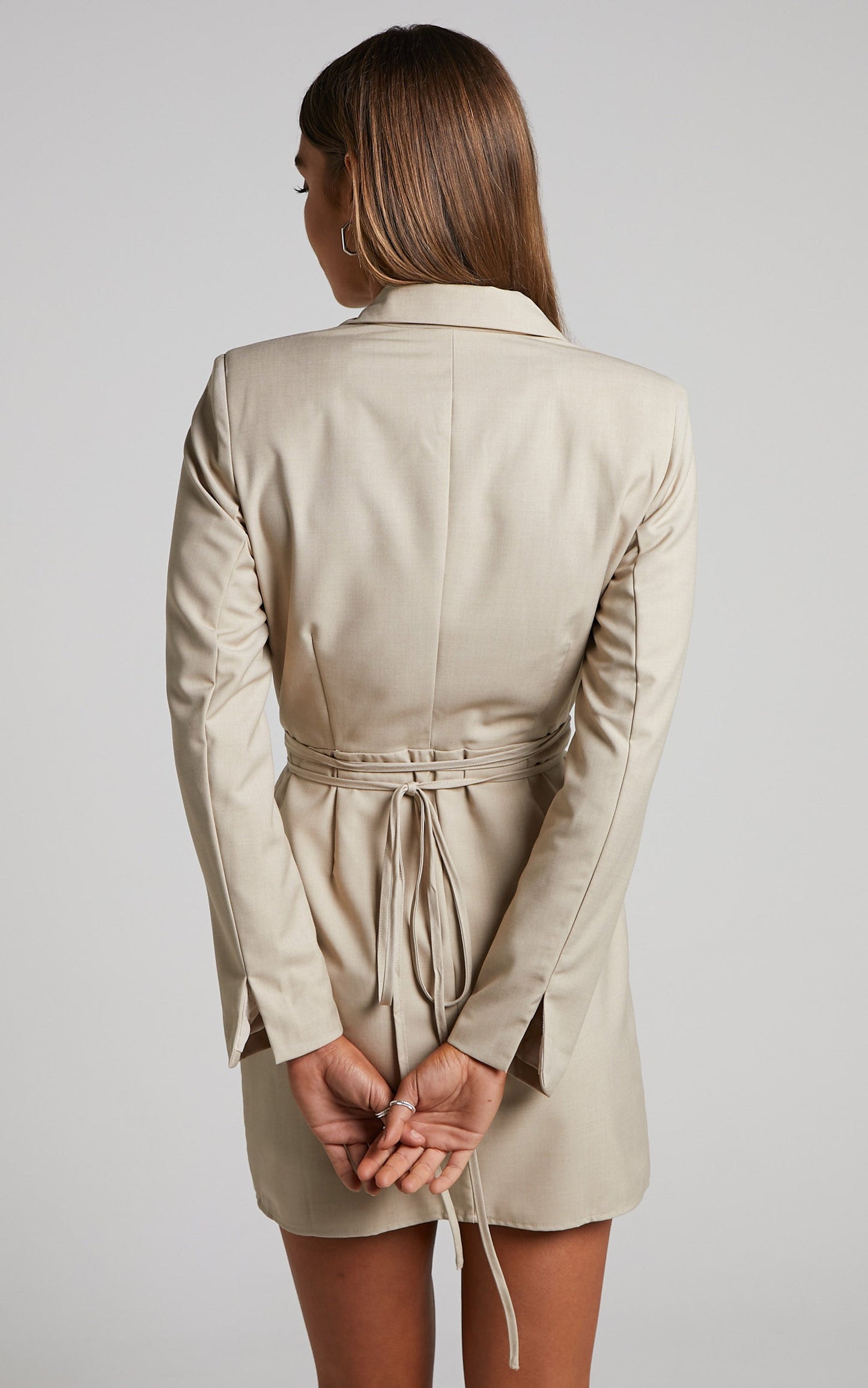 Patsy Mini Dress - Front Cut Out Tie Waist Blazer Dress in Stone