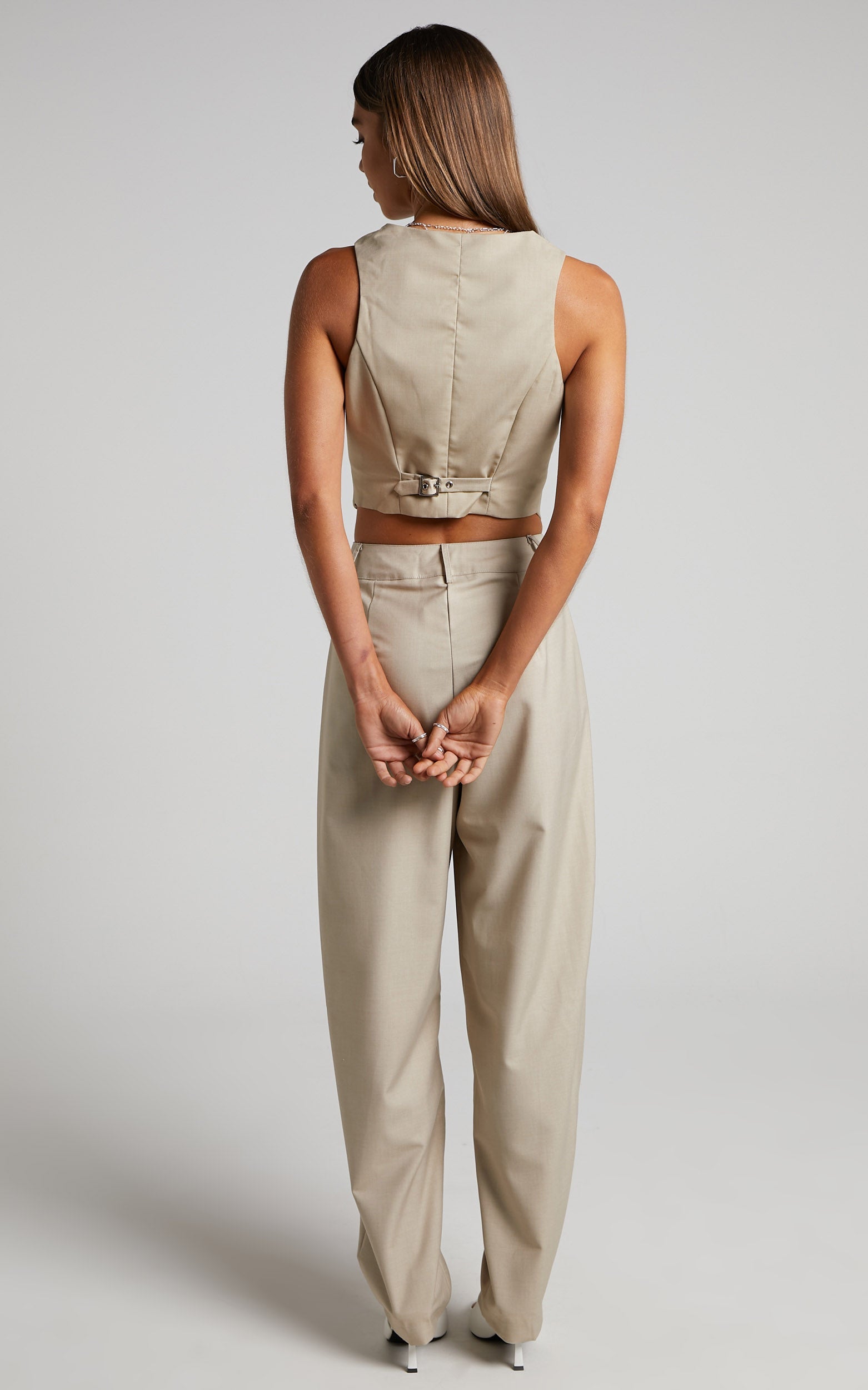 Patsy Trousers - Mid Waisted Pleat Front Tailored Trousers in Stone